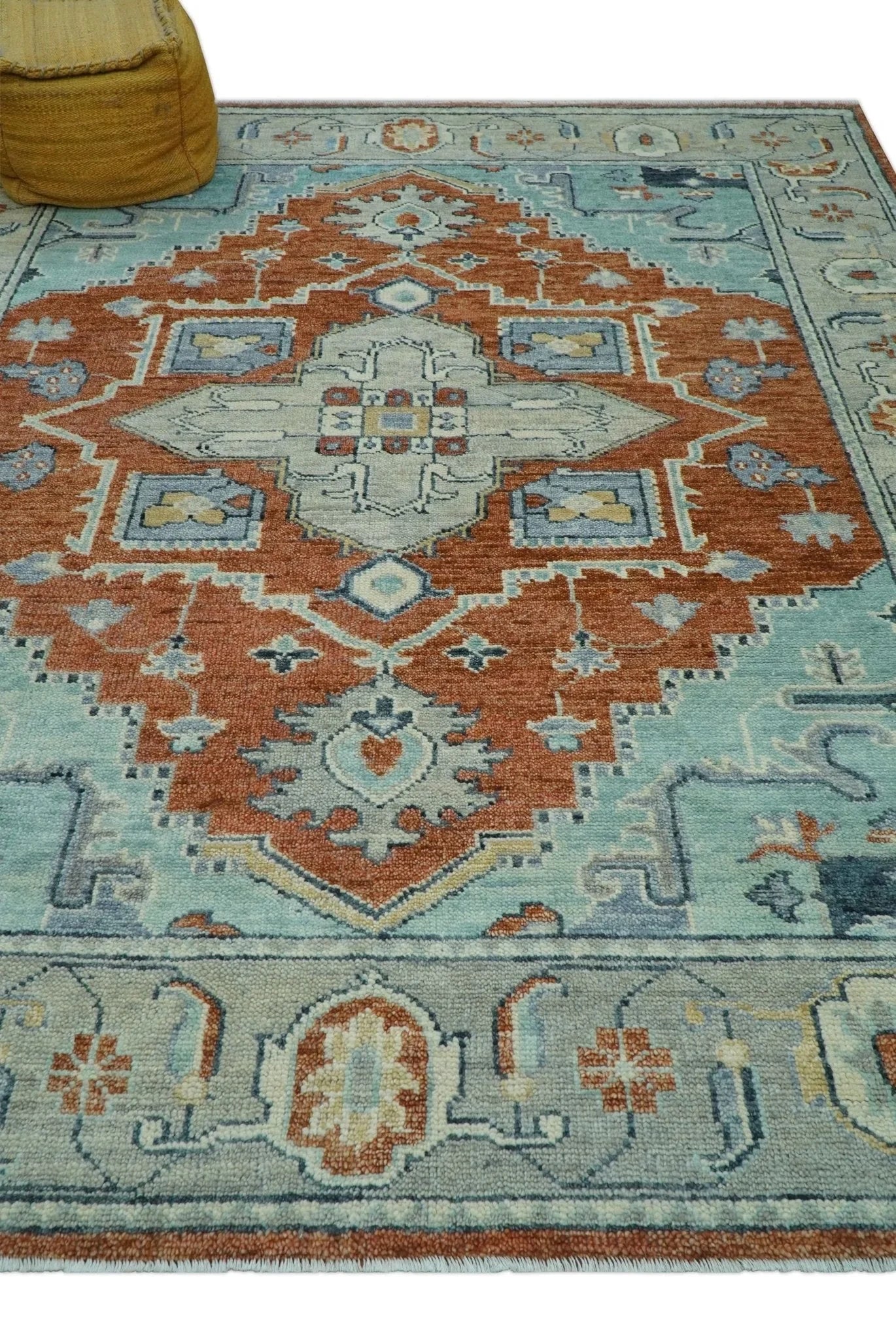 Custom Made Rust And Blue Traditional Serapi Design Hand Knotted Wool Rug - The Rug Decor