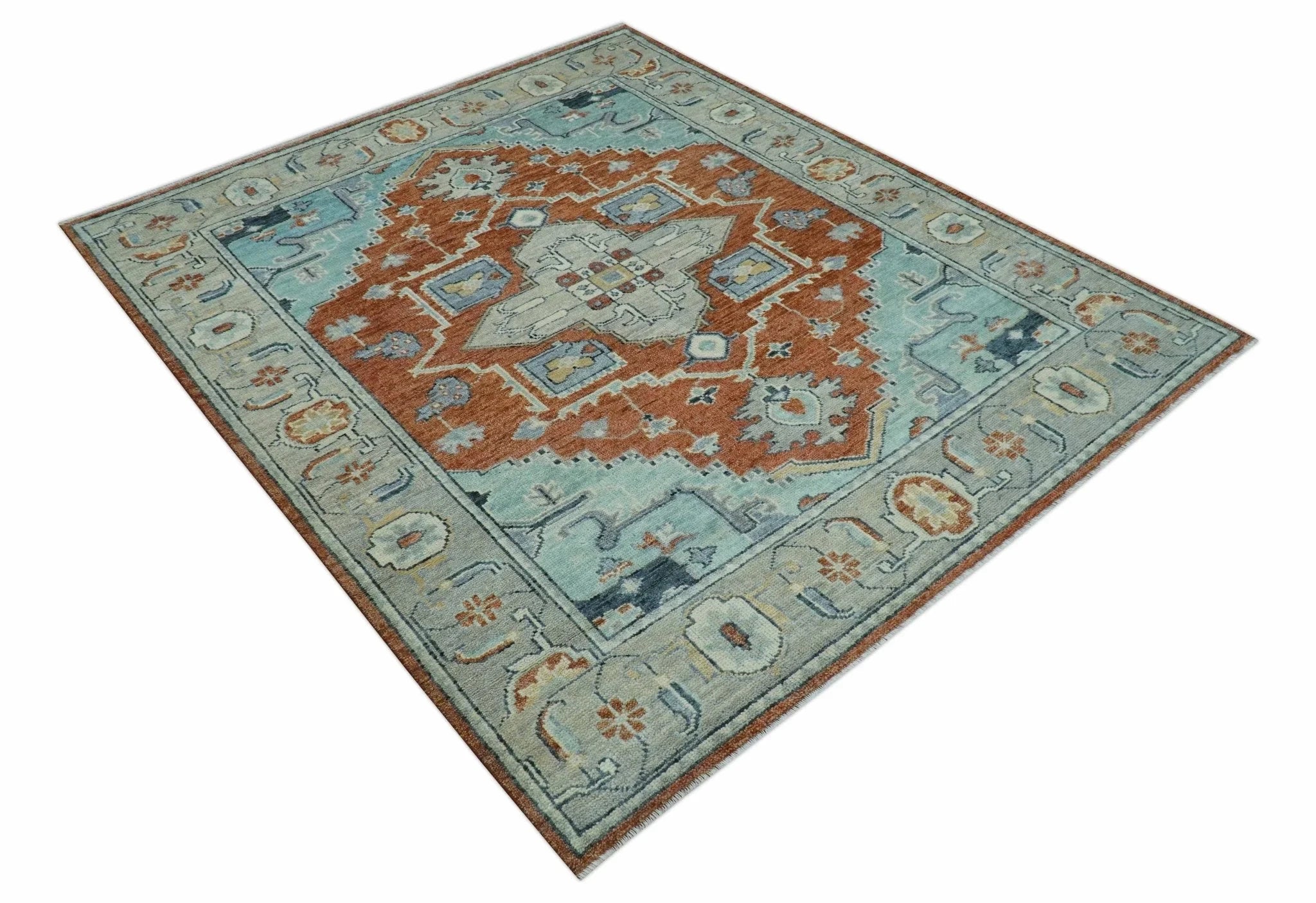 Custom Made Rust And Blue Traditional Serapi Design Hand Knotted Wool Rug - The Rug Decor