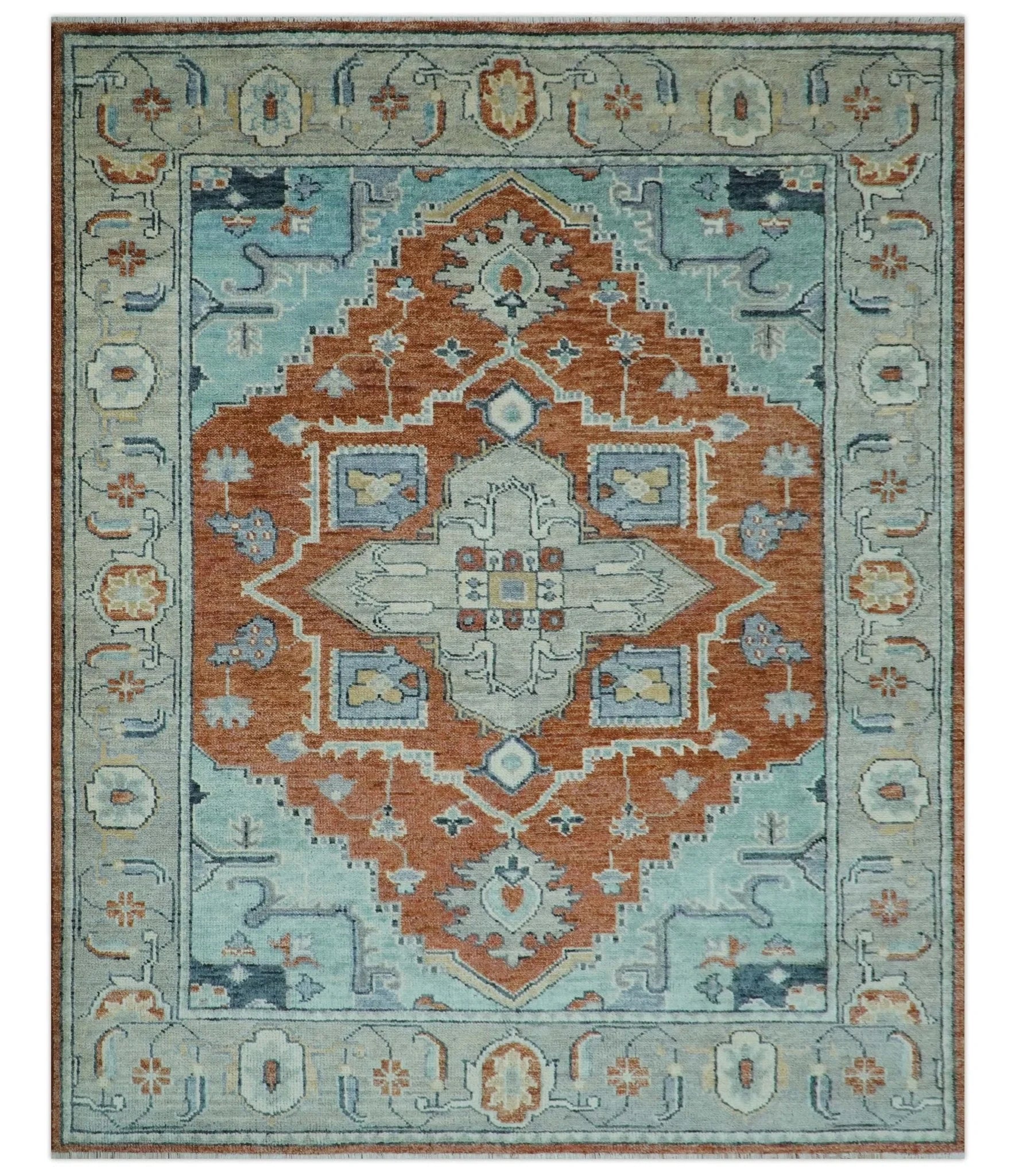 Custom Made Rust And Blue Traditional Serapi Design Hand Knotted Wool Rug - The Rug Decor