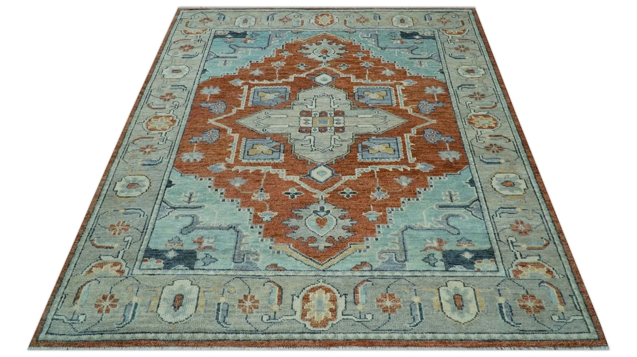 Custom Made Rust And Blue Traditional Serapi Design Hand Knotted Wool Rug - The Rug Decor
