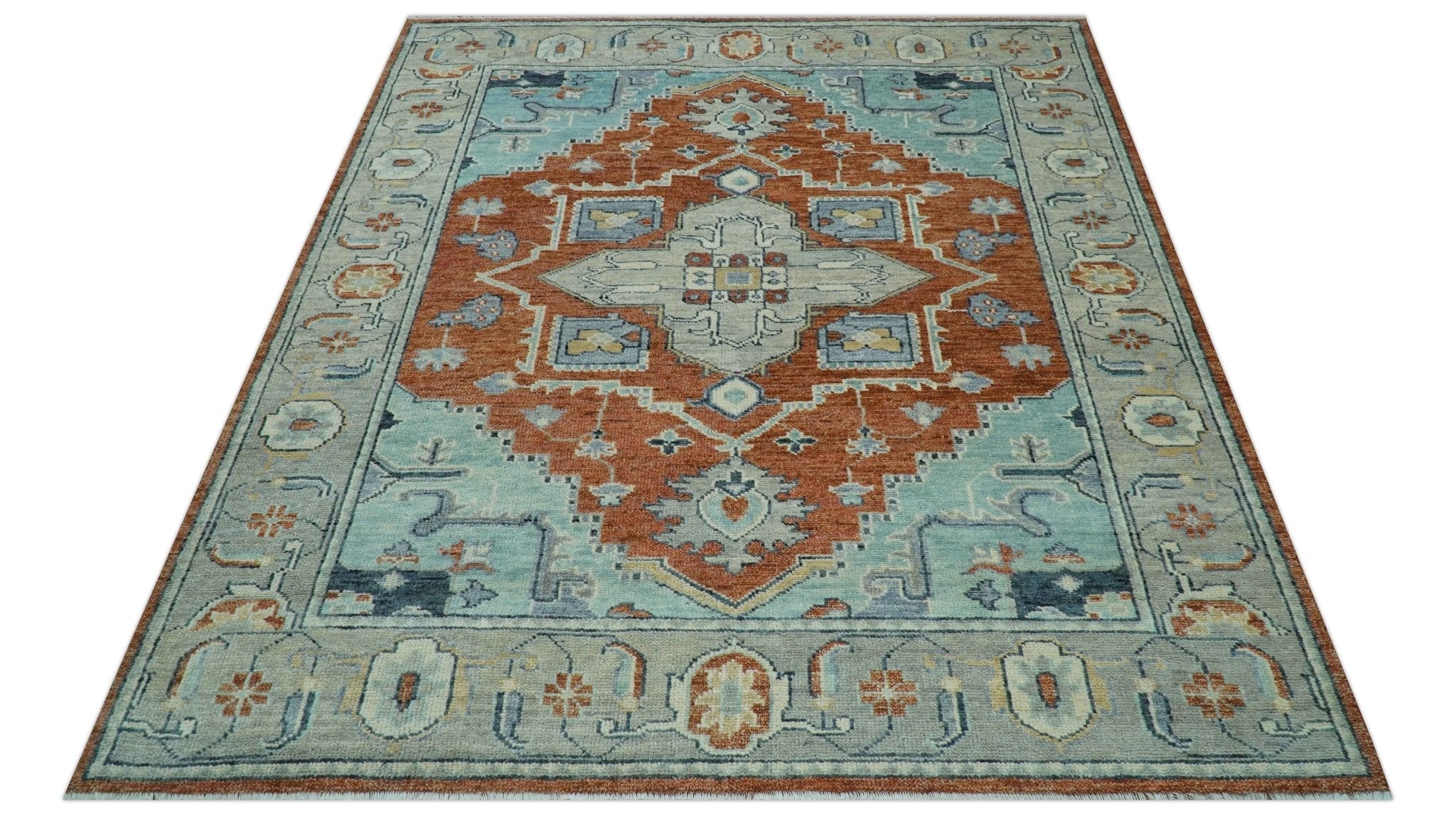 Custom Made Rust And Blue Traditional Serapi Design Hand Knotted Wool Rug