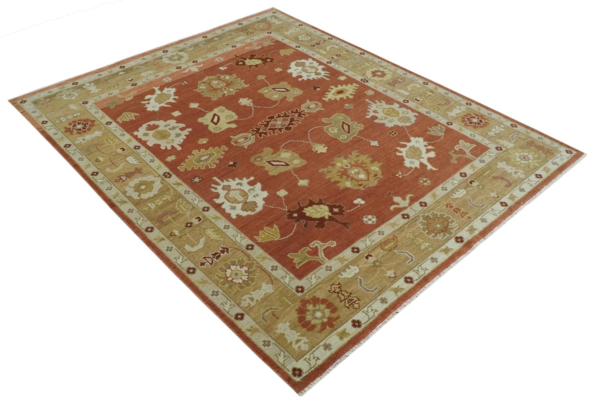 Custom Made Rust, Ivory and Beige Hand Knotted Traditional Oushak Multi Size Wool Area Rug - The Rug Decor