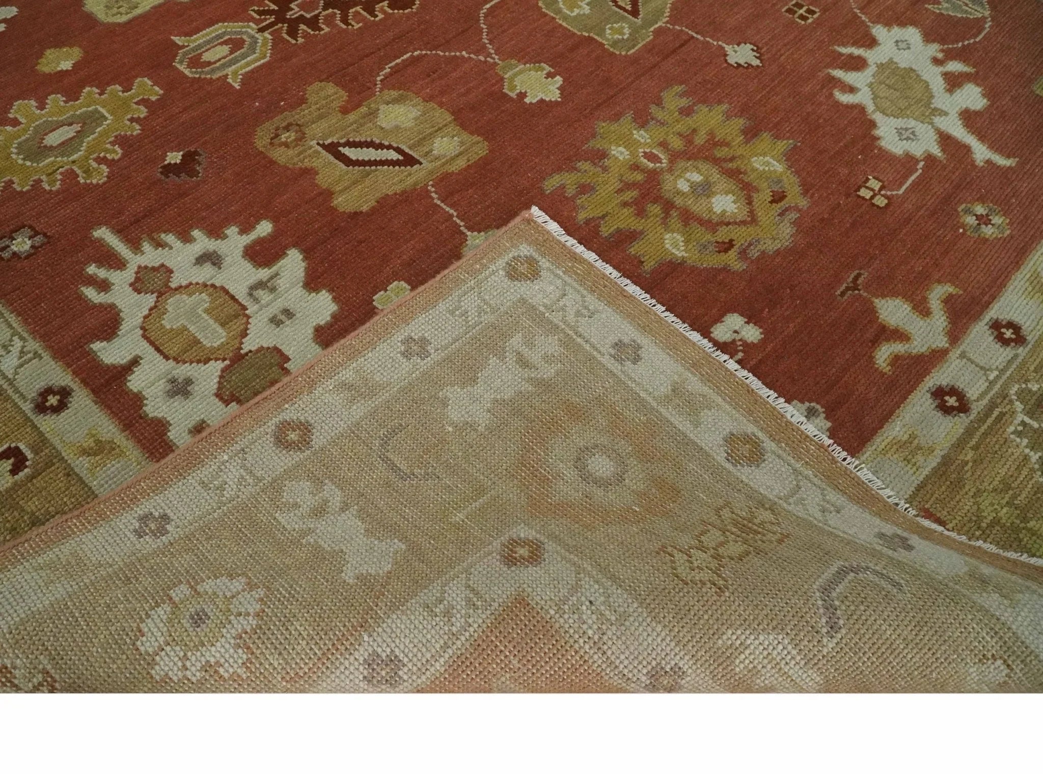 Custom Made Rust, Ivory and Beige Hand Knotted Traditional Oushak Multi Size Wool Area Rug - The Rug Decor