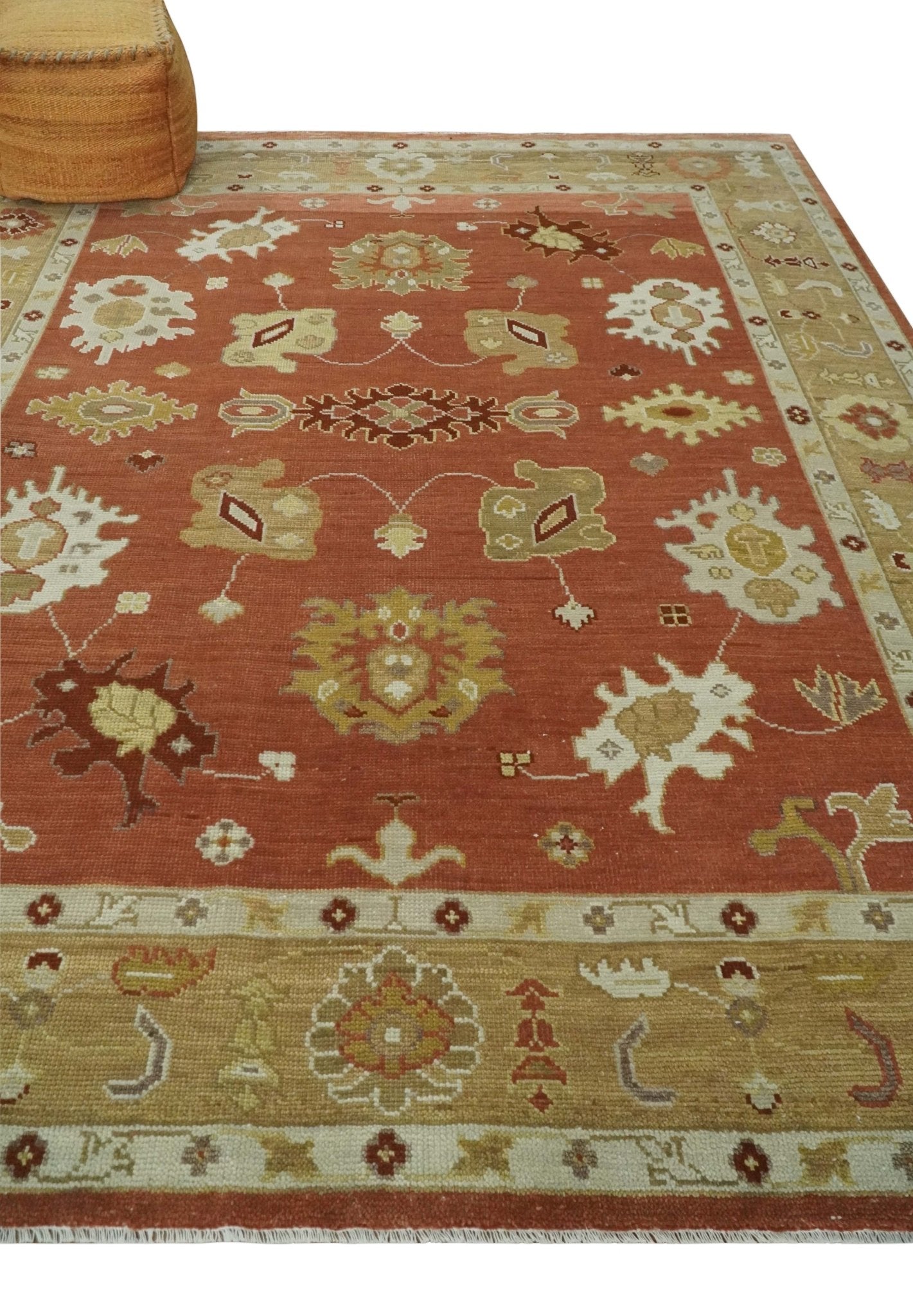 Custom Made Rust, Ivory and Beige Hand Knotted Traditional Oushak Multi Size Wool Area Rug - The Rug Decor