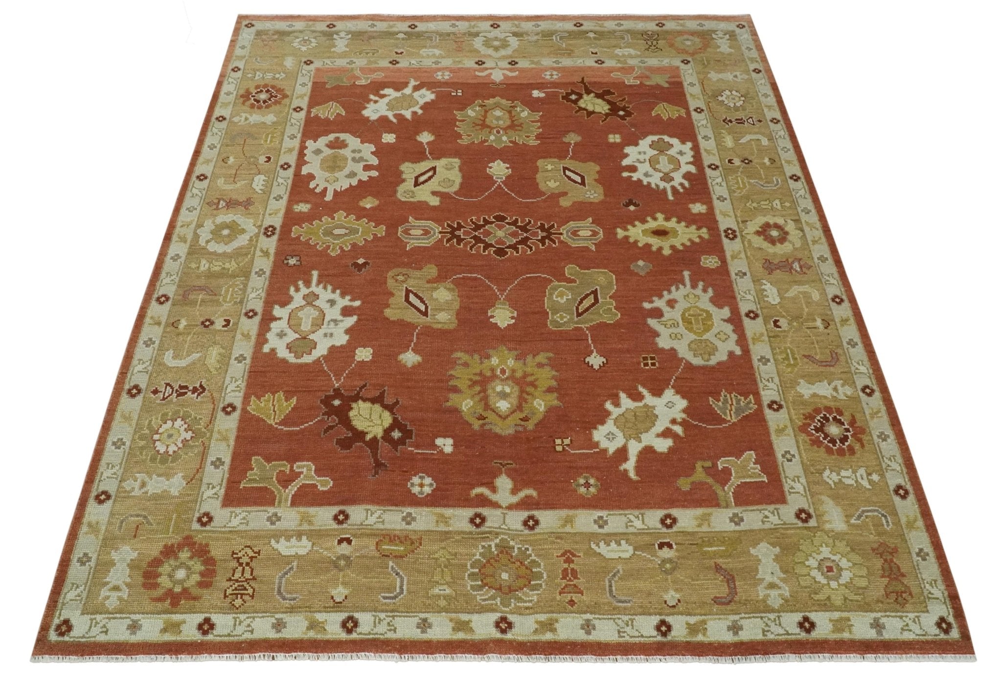 Custom Made Rust, Ivory and Beige Hand Knotted Traditional Oushak Multi Size Wool Area Rug - The Rug Decor