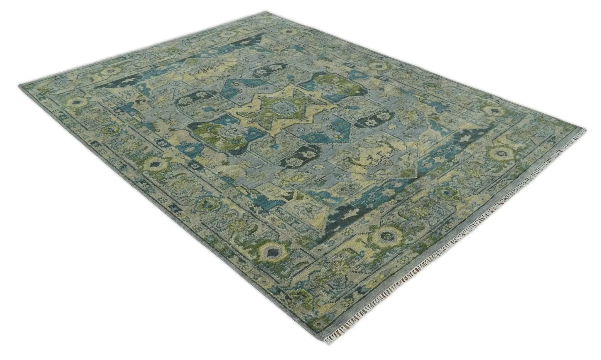 Custom Made Silver, Moss Green and Blue Heriz Traditional wool Area Rug - The Rug Decor
