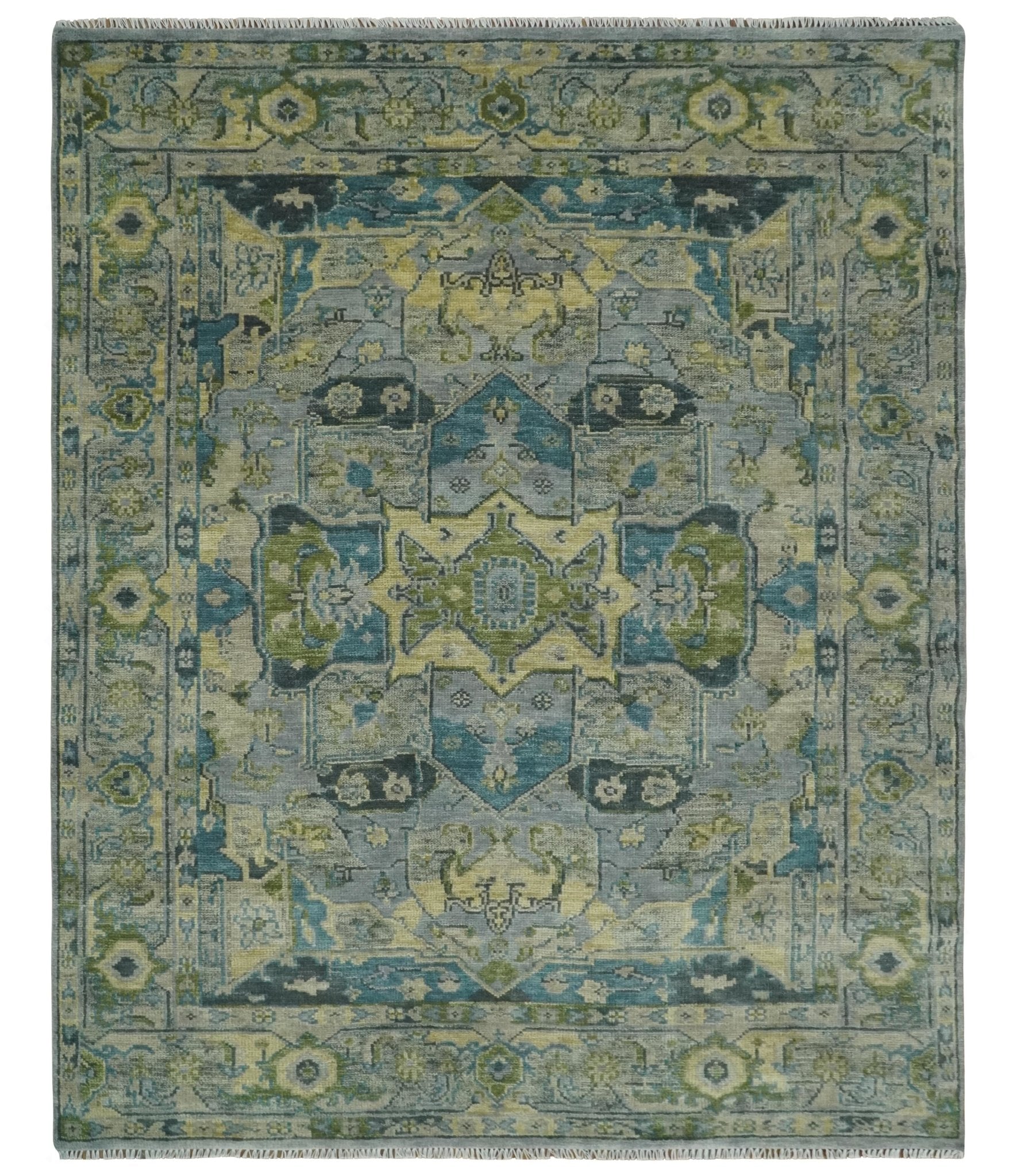 Custom Made Silver, Moss Green and Blue Heriz Traditional wool Area Rug - The Rug Decor