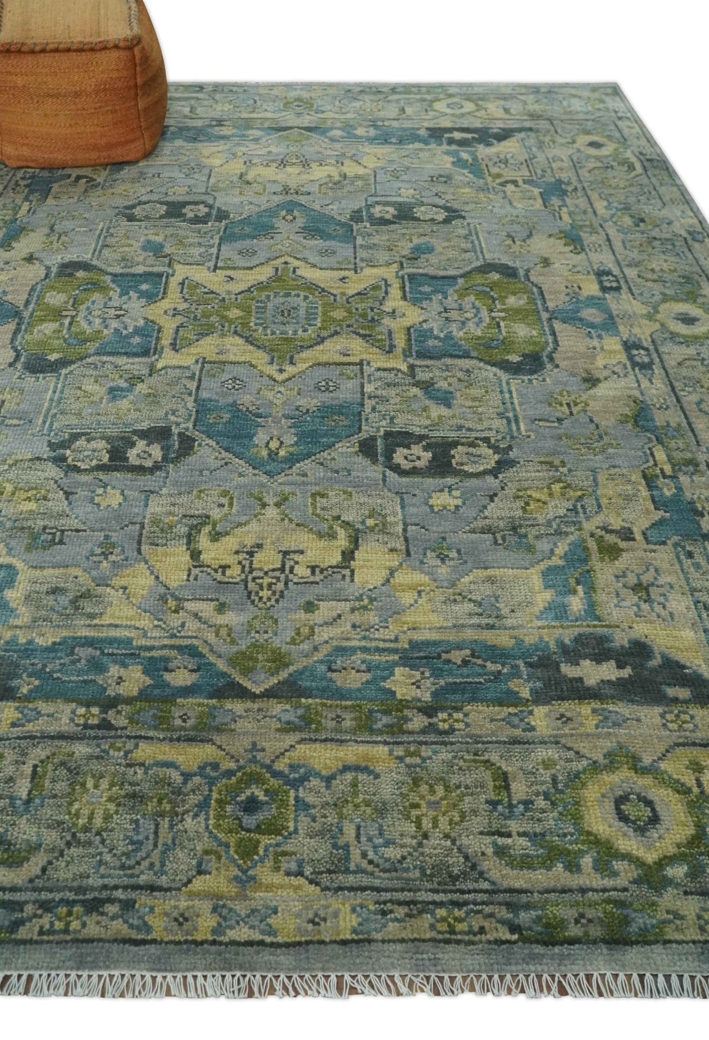 Custom Made Silver, Moss Green, and Blue Heriz Traditional Wool Area Rug
