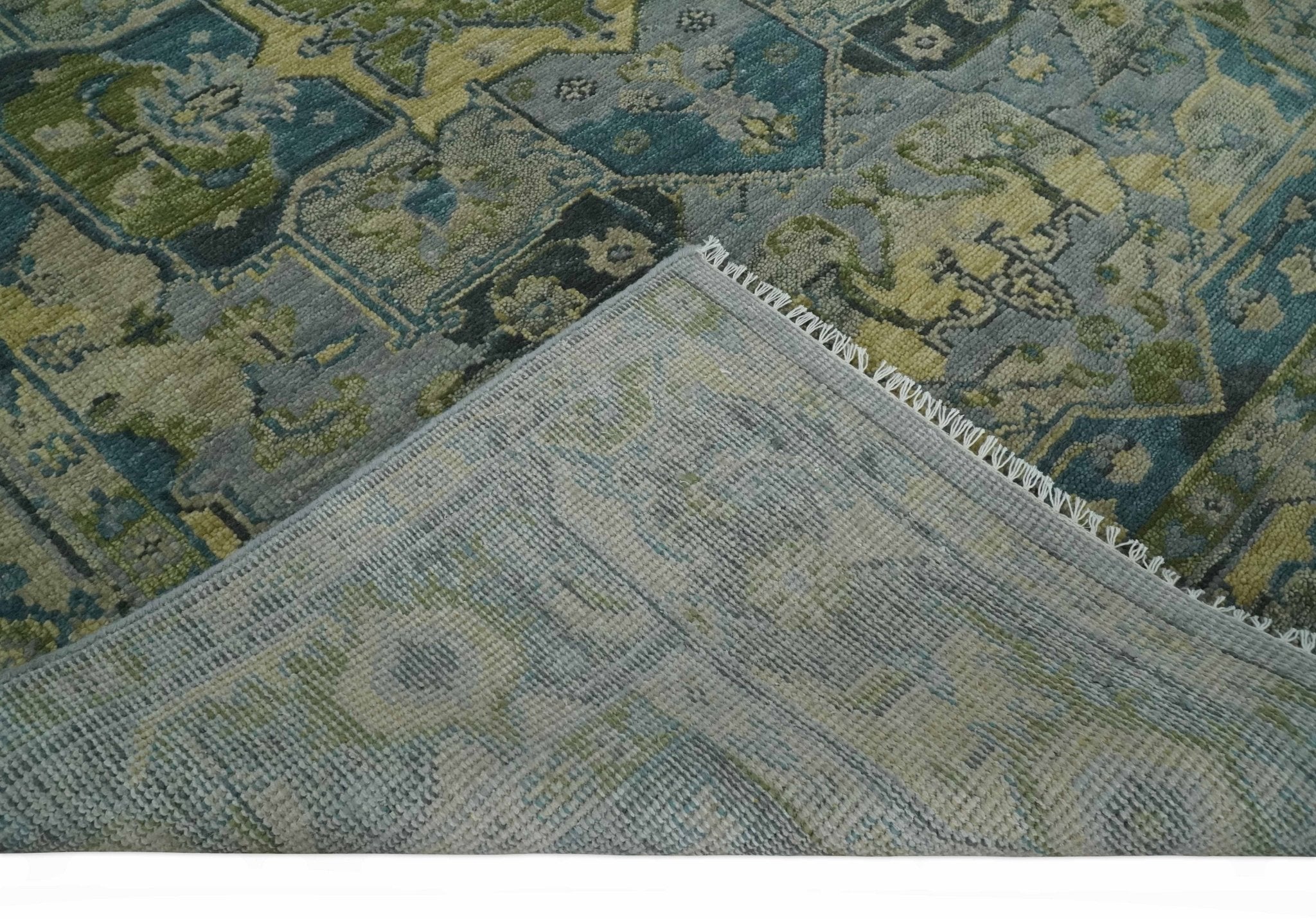 Custom Made Silver, Moss Green and Blue Heriz Traditional wool Area Rug - The Rug Decor