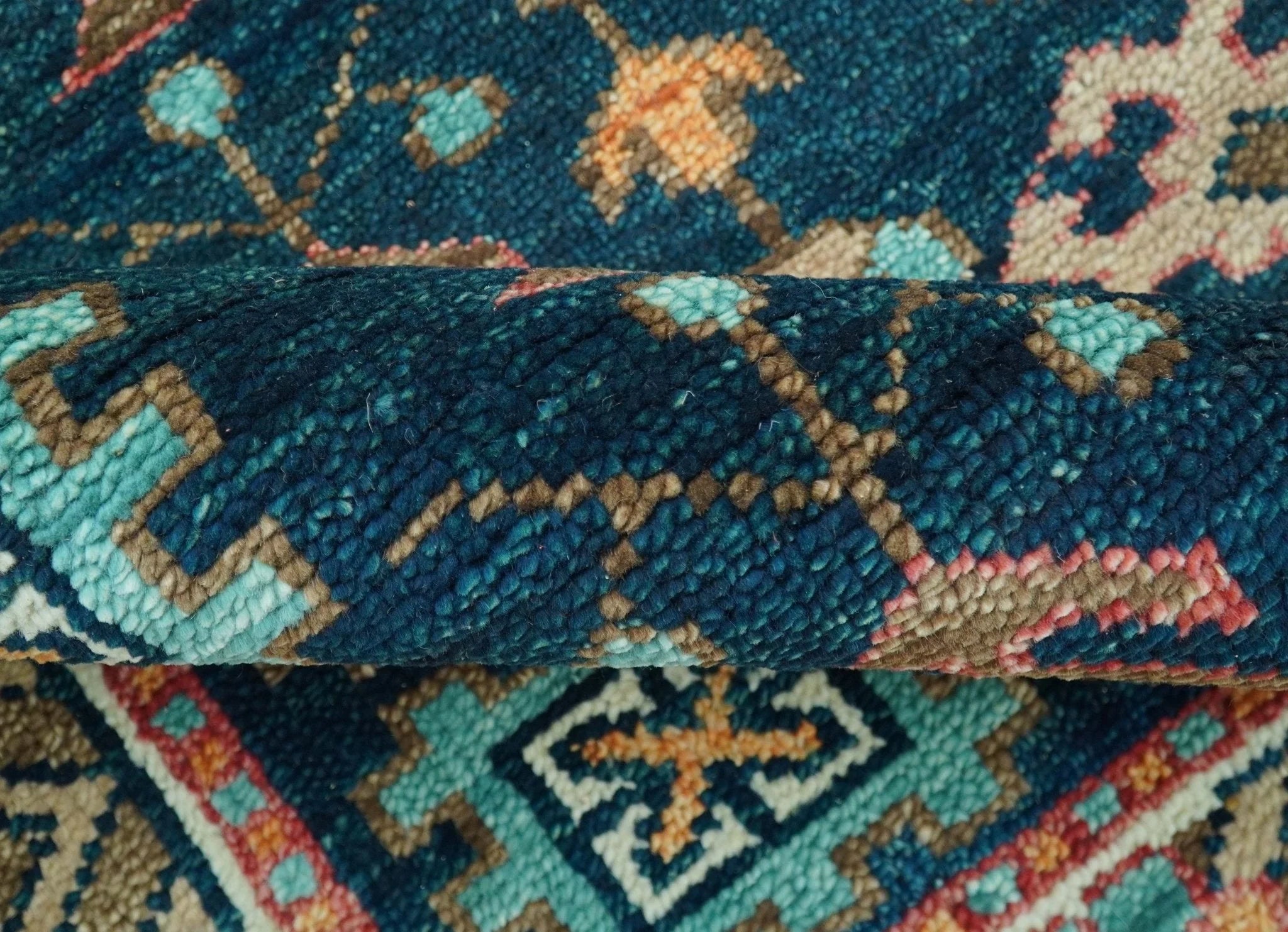 Custom Made Teal And Brown Traditional Tribal Design Hand Knotted Wool Rug - The Rug Decor