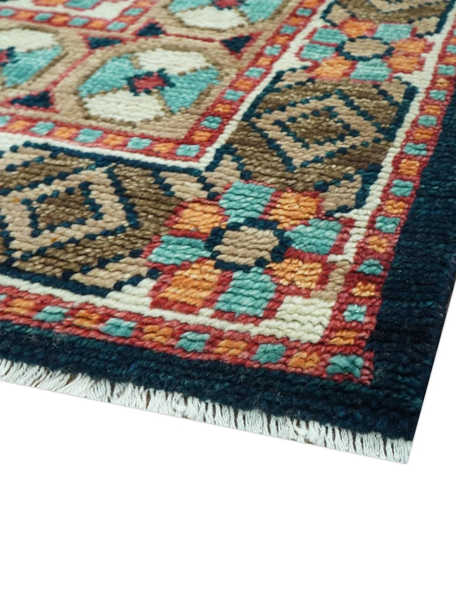 Custom Made Teal And Brown Traditional Tribal Design Hand Knotted Wool Rug - The Rug Decor