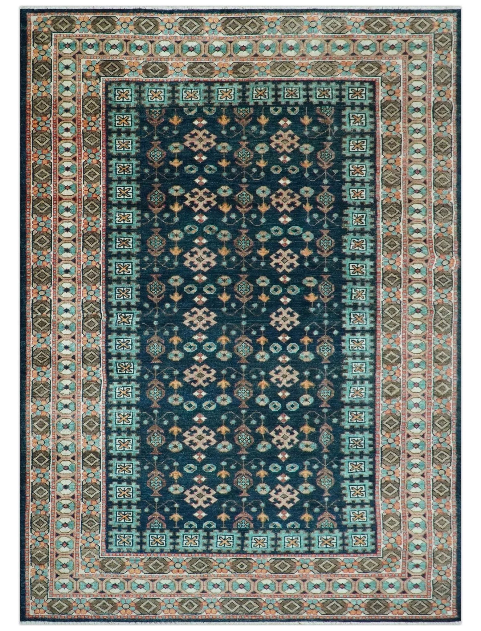 Custom Made Teal And Brown Traditional Tribal Design Hand Knotted Wool Rug - The Rug Decor