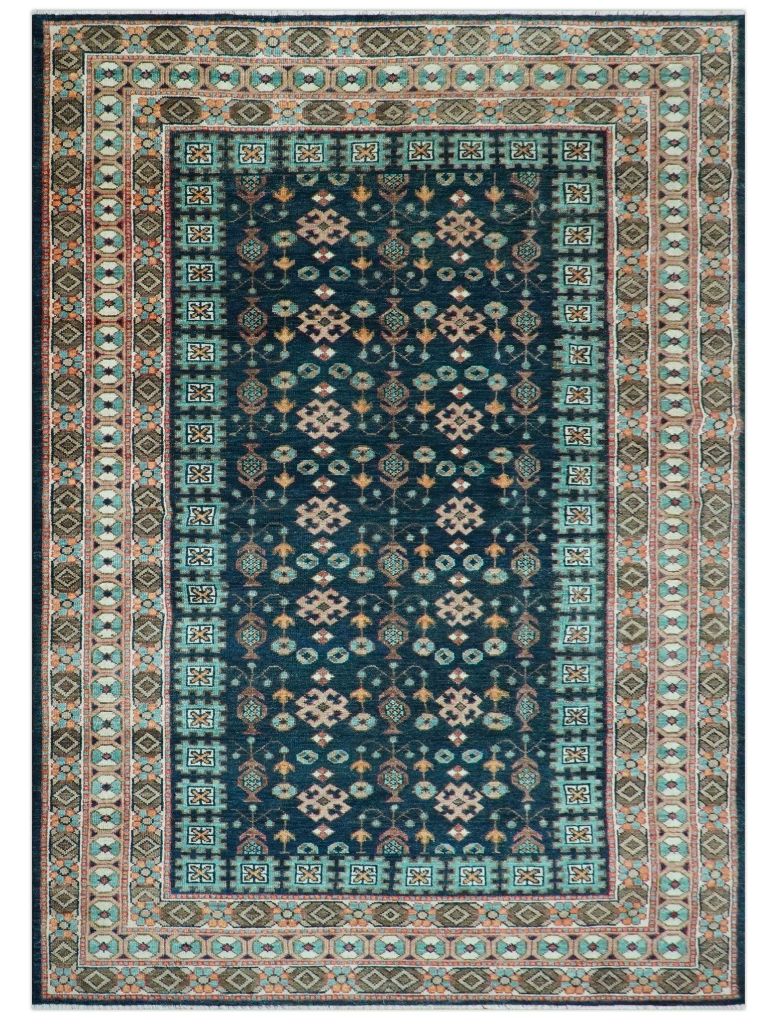 Custom Made Teal And Brown Traditional Tribal Design Hand Knotted Wool Rug