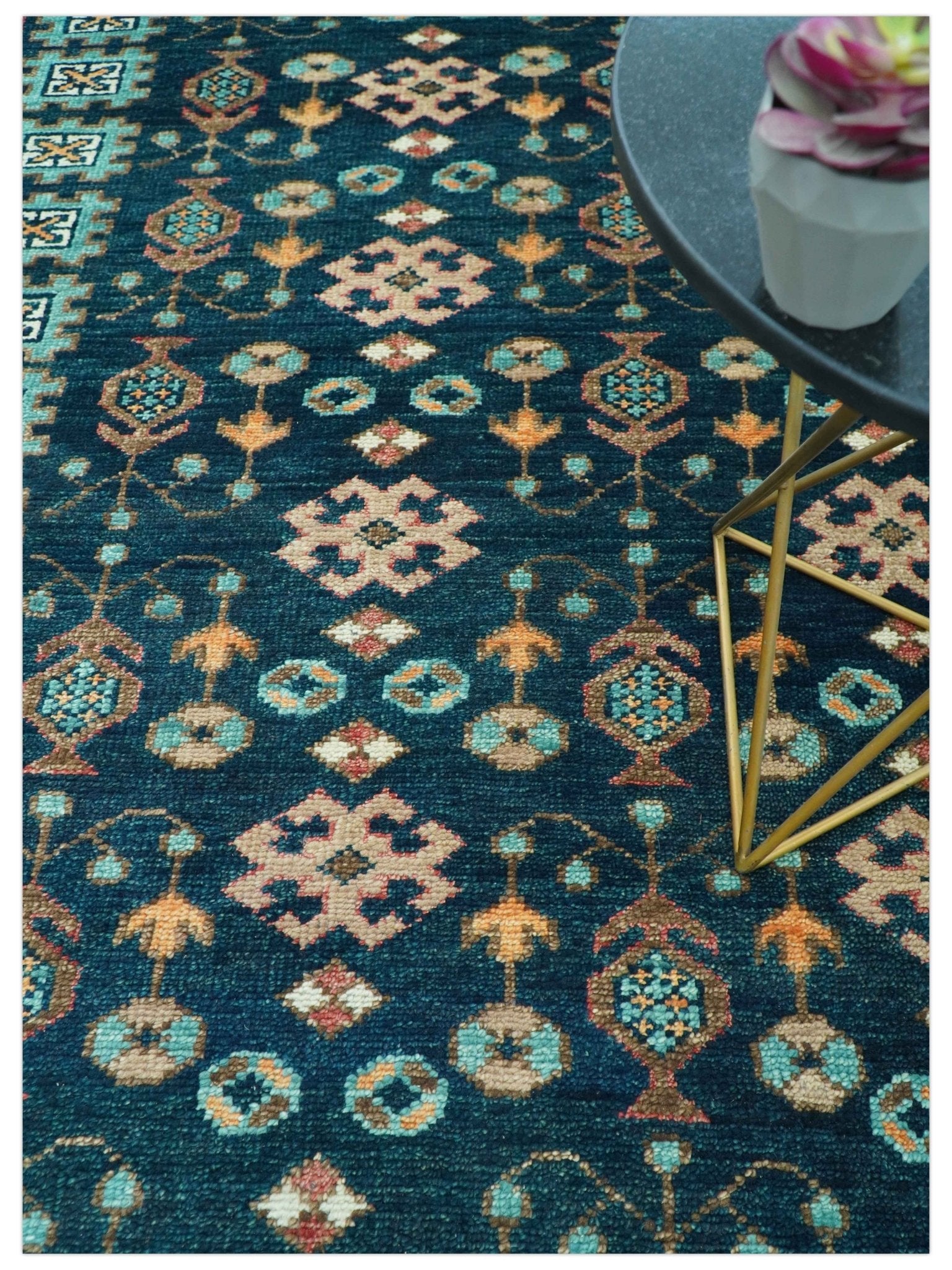 Custom Made Teal And Brown Traditional Tribal Design Hand Knotted Wool Rug