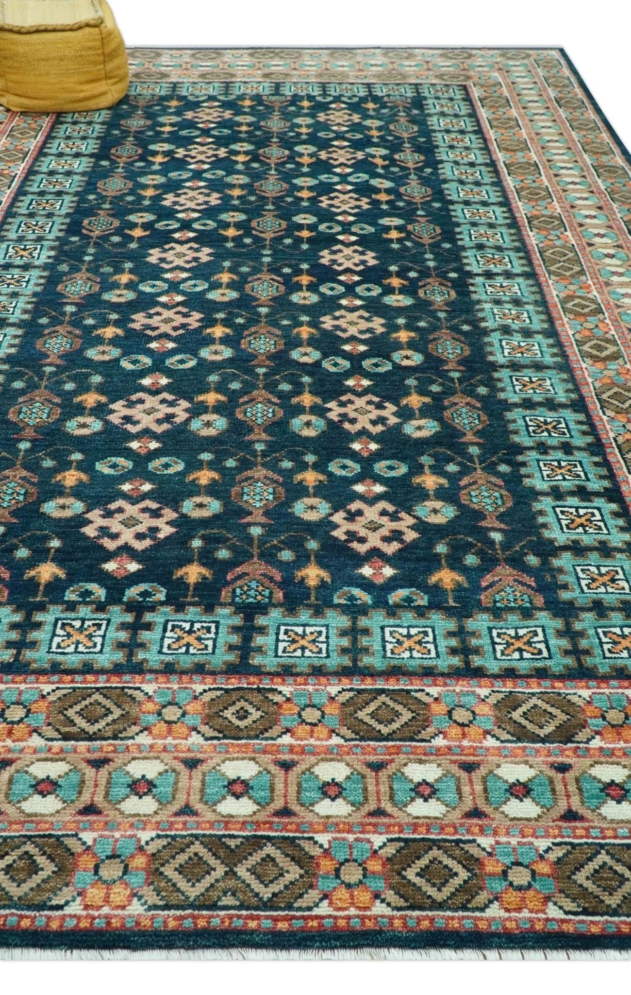 Custom Made Teal And Brown Traditional Tribal Design Hand Knotted Wool Rug - The Rug Decor