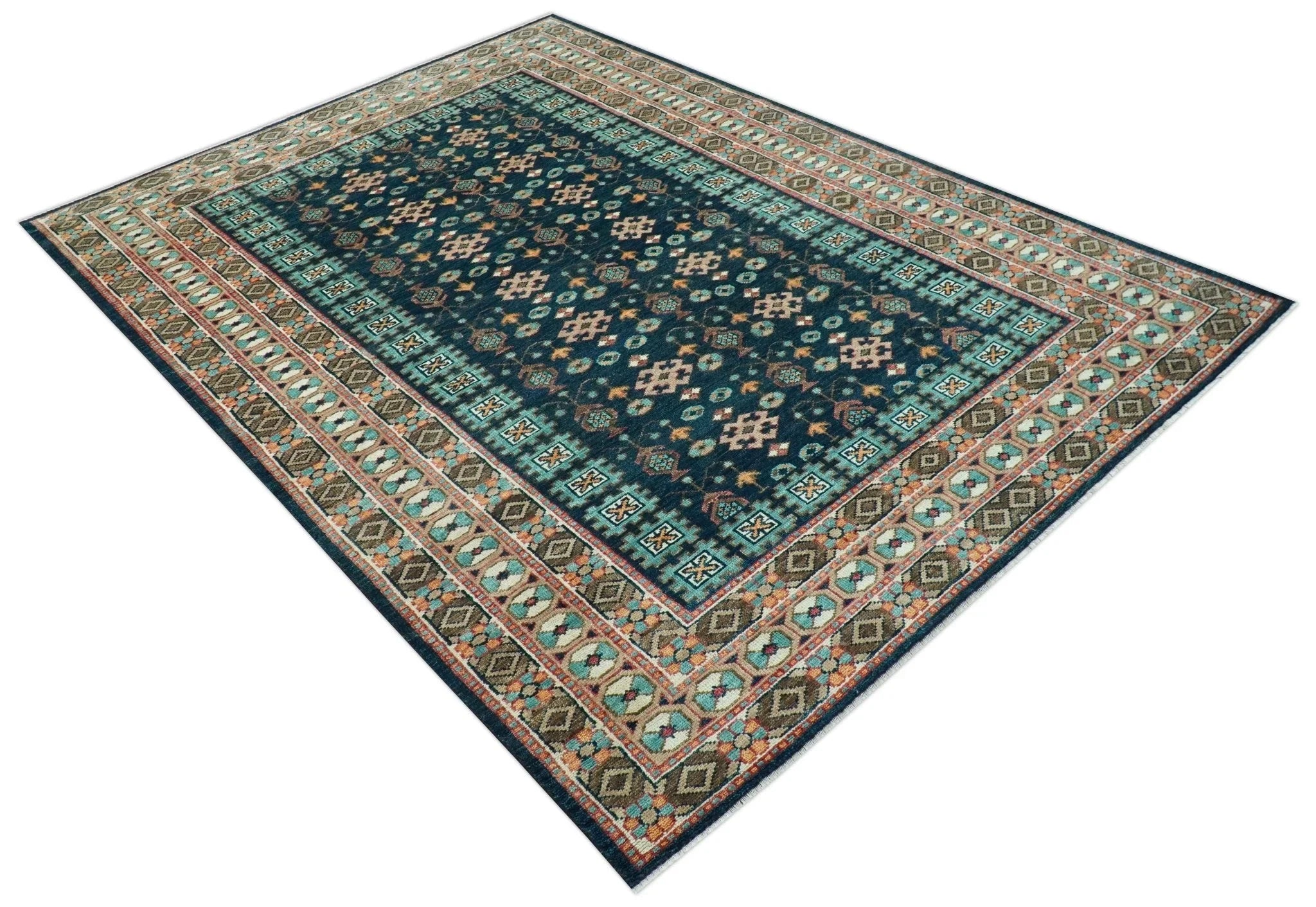 Custom Made Teal And Brown Traditional Tribal Design Hand Knotted Wool Rug - The Rug Decor