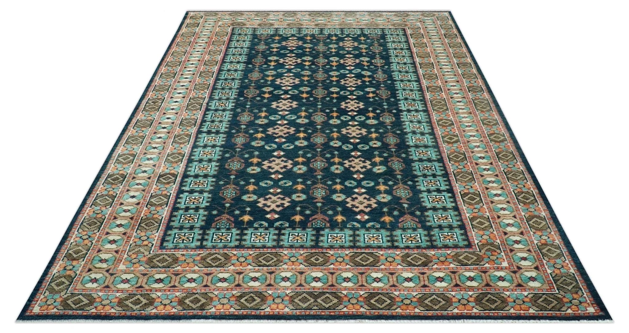 Custom Made Teal And Brown Traditional Tribal Design Hand Knotted Wool Rug - The Rug Decor