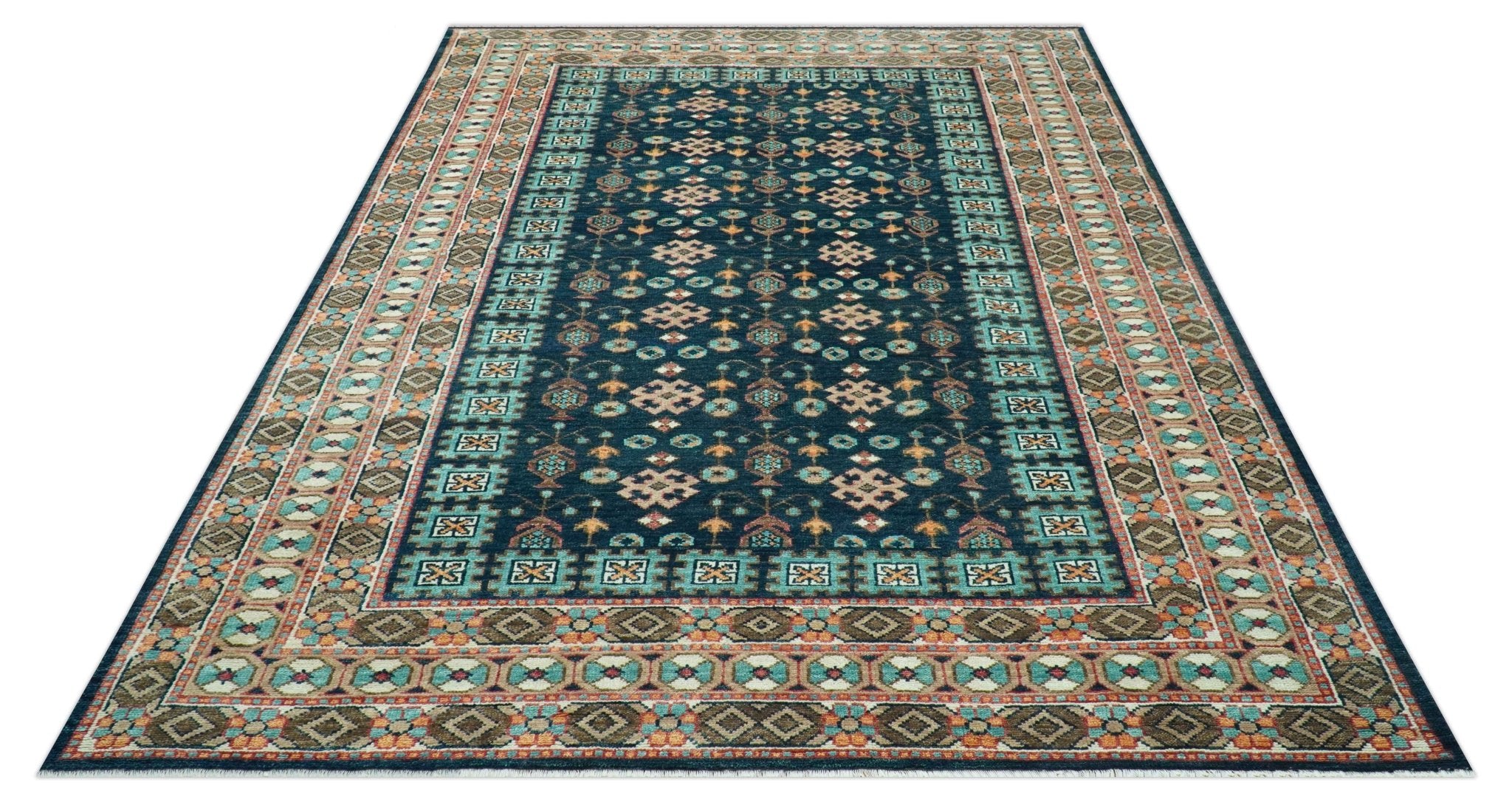 Custom Made Teal And Brown Traditional Tribal Design Hand Knotted Wool Rug