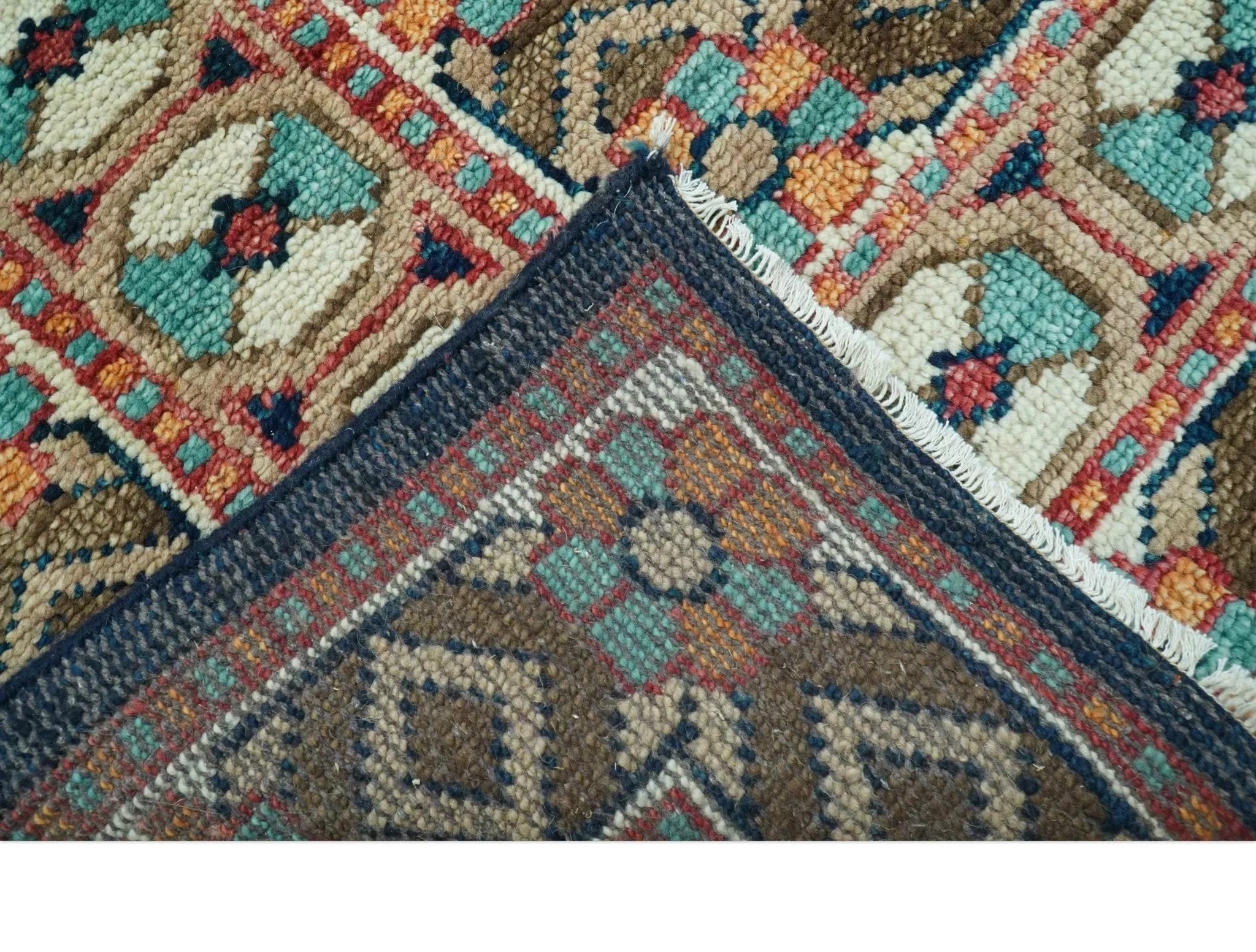 Custom Made Teal And Brown Traditional Tribal Design Hand Knotted Wool Rug - The Rug Decor