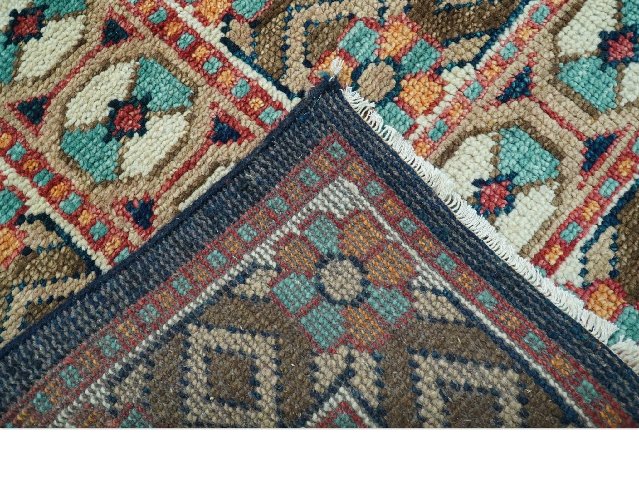 Custom Made Teal And Brown Traditional Tribal Design Hand Knotted Wool Rug
