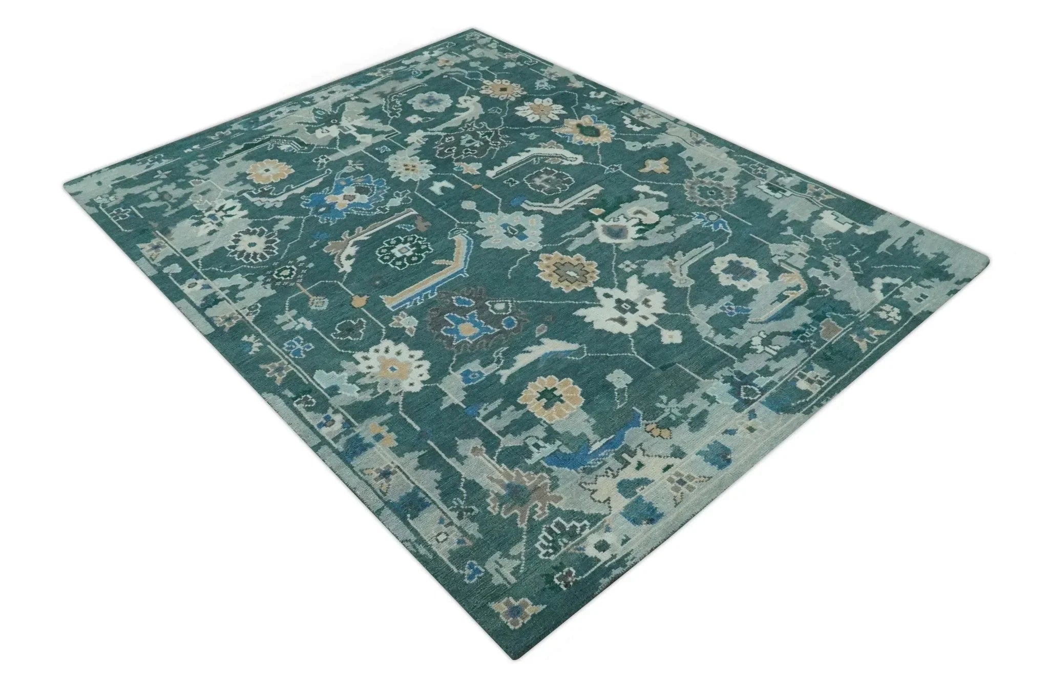 Custom Made Teal and Silver Traditional Oriental Oushak wool Area Rug - The Mayfair Hall