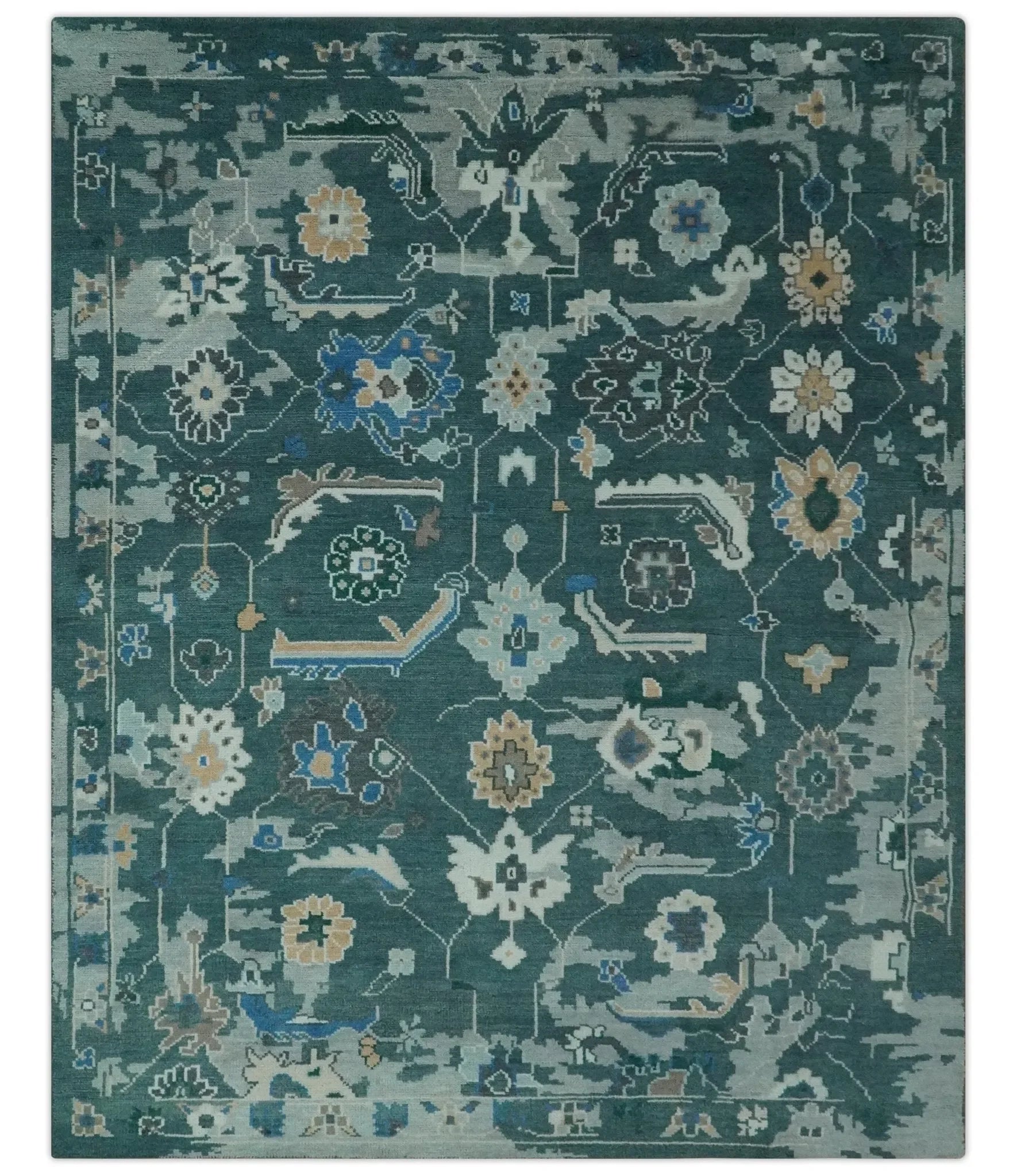Custom Made Teal and Silver Traditional Oriental Oushak wool Area Rug - The Mayfair Hall