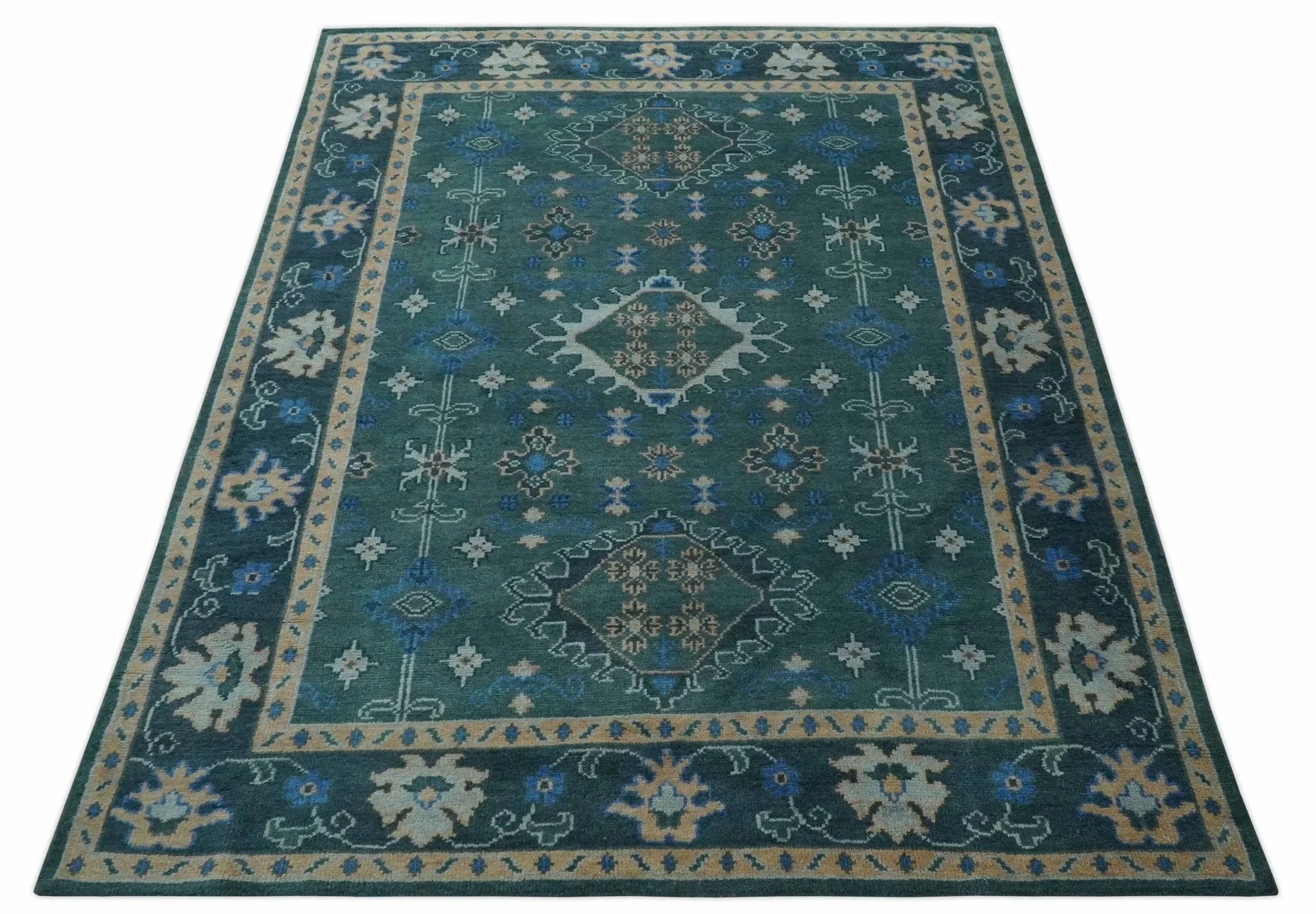 Custom Made Teal, Blue, Peach and Silver Hand Knotted Traditional Heriz wool Area Rug - The Rug Decor