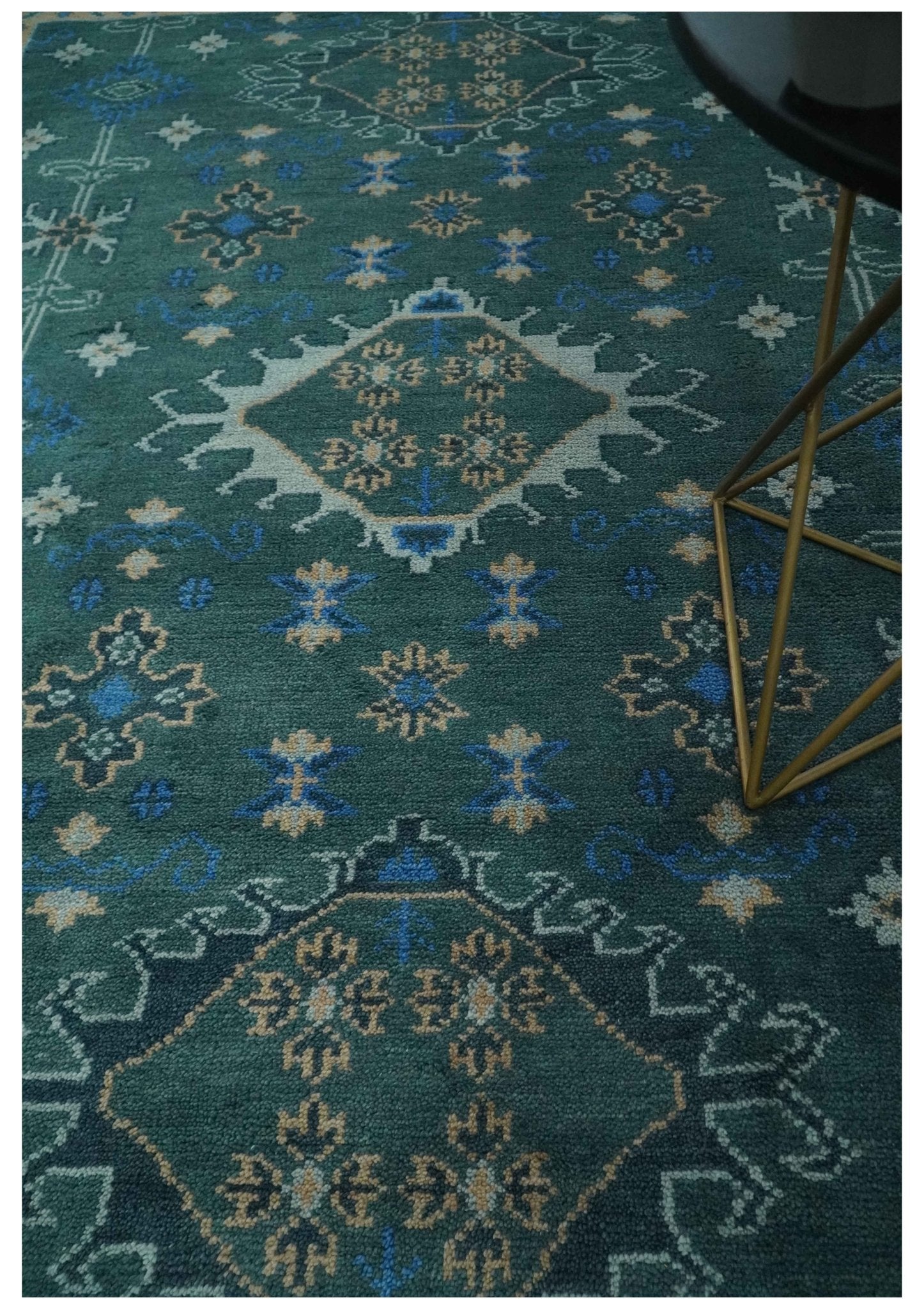 Custom Made Teal, Blue, Peach and Silver Hand Knotted Traditional Heriz wool Area Rug - The Rug Decor