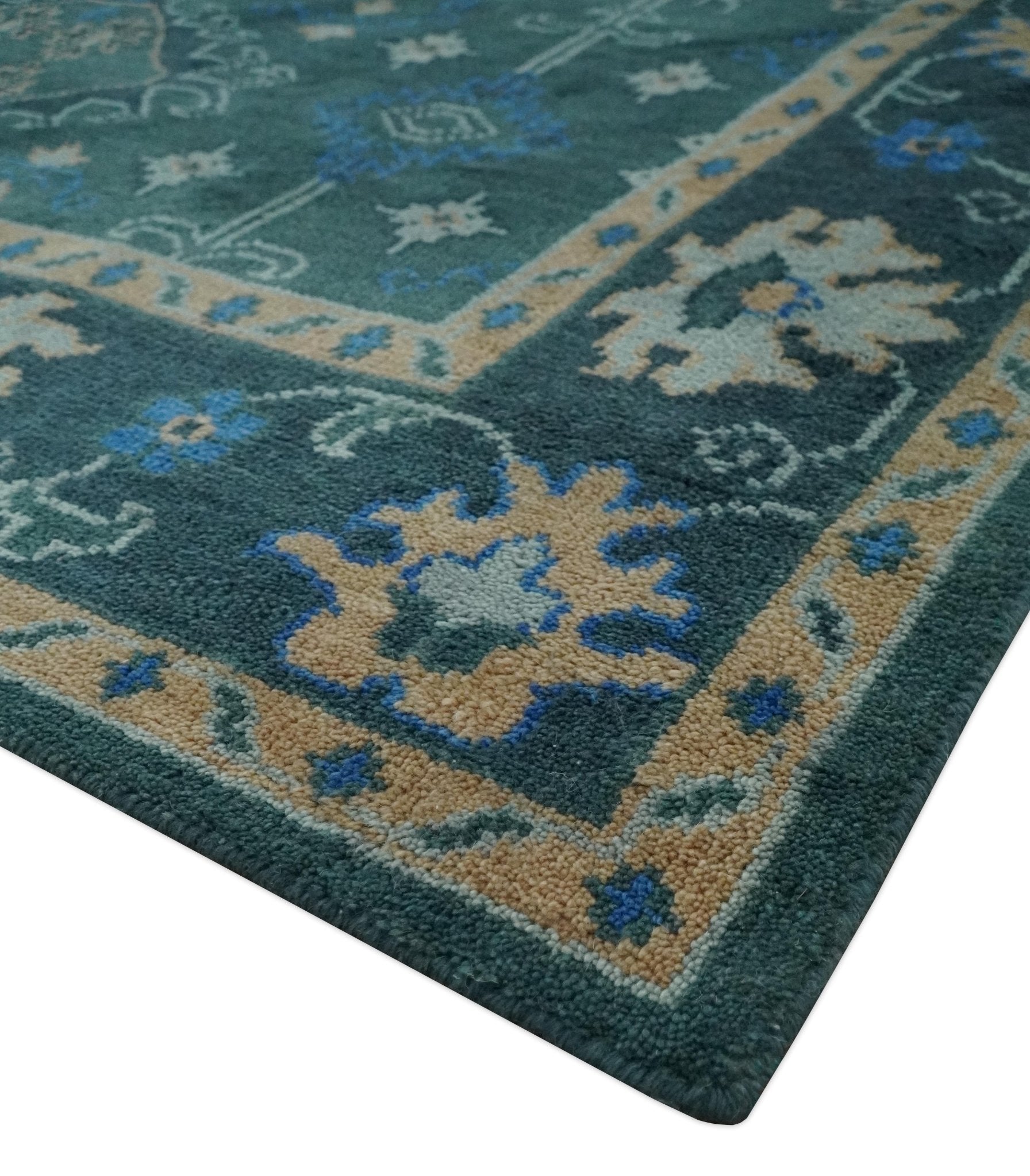 Custom Made Teal, Blue, Peach and Silver Hand Knotted Traditional Heriz wool Area Rug - The Rug Decor