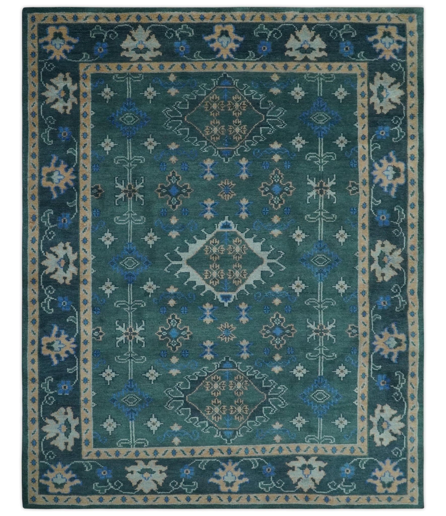 Custom Made Teal, Blue, Peach and Silver Hand Knotted Traditional Heriz wool Area Rug - The Rug Decor