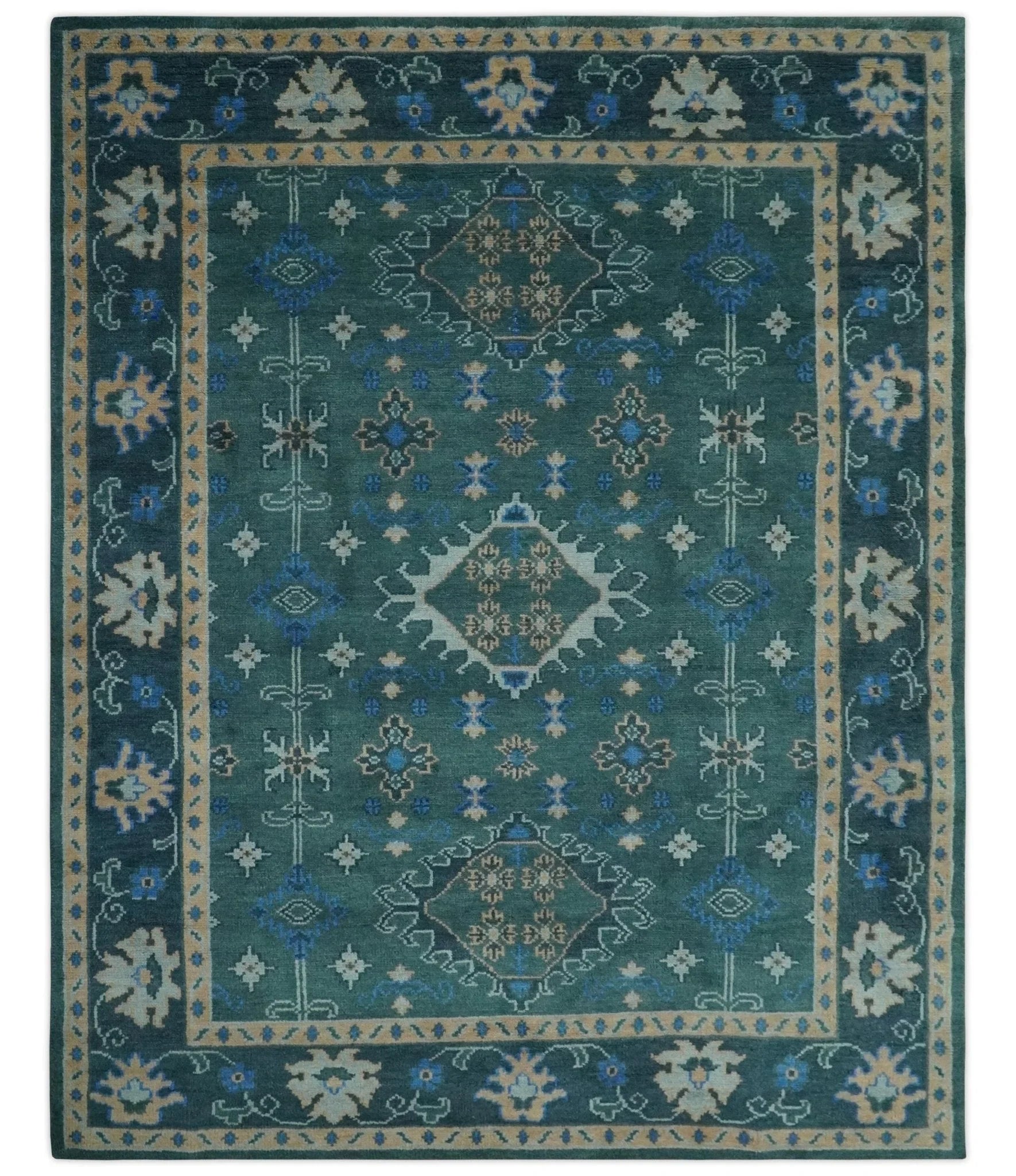 Custom Made Teal, Blue, Peach and Silver Hand Knotted Traditional Heriz wool Area Rug - The Rug Decor
