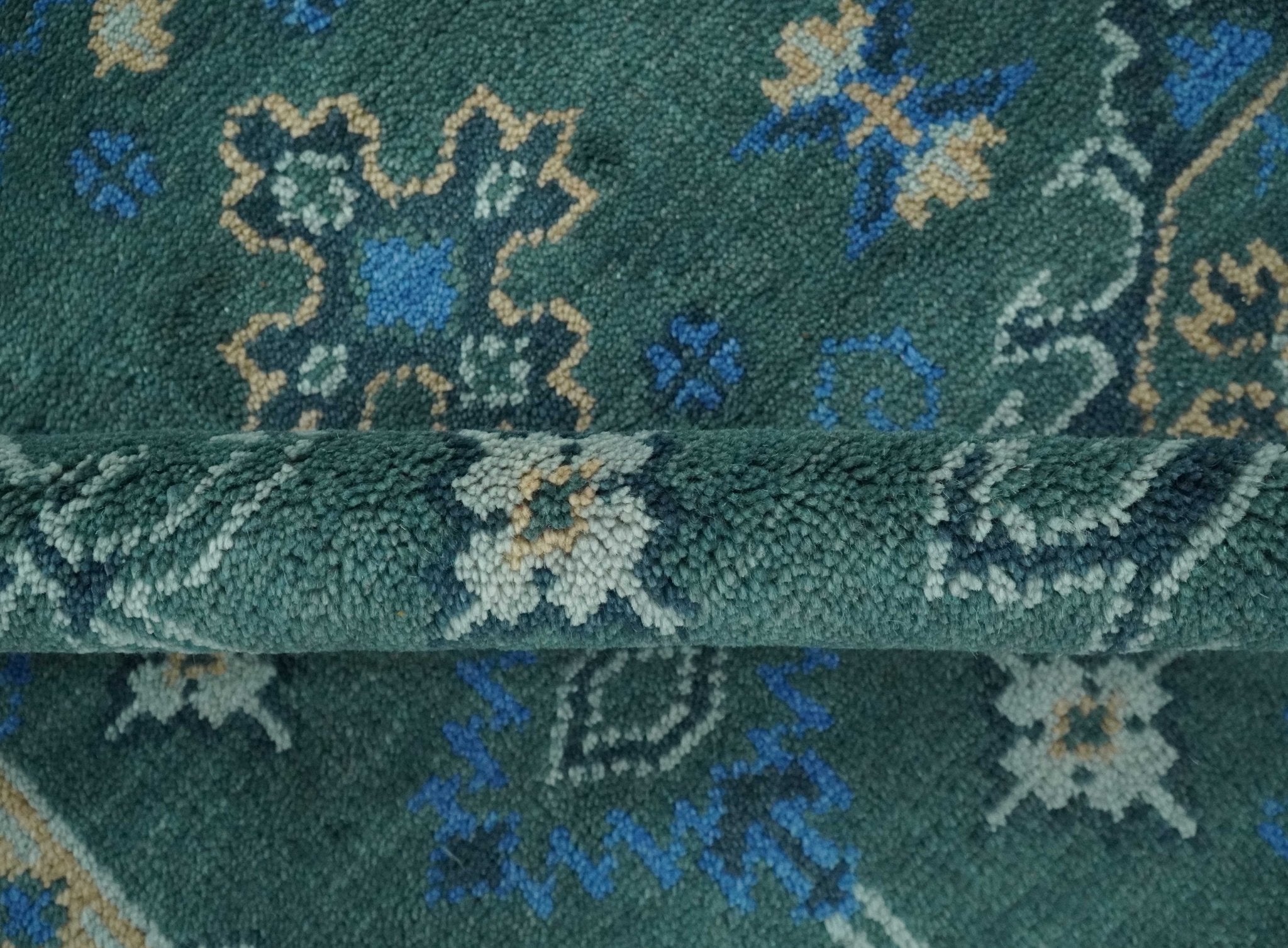 Custom Made Teal, Blue, Peach and Silver Hand Knotted Traditional Heriz wool Area Rug - The Rug Decor