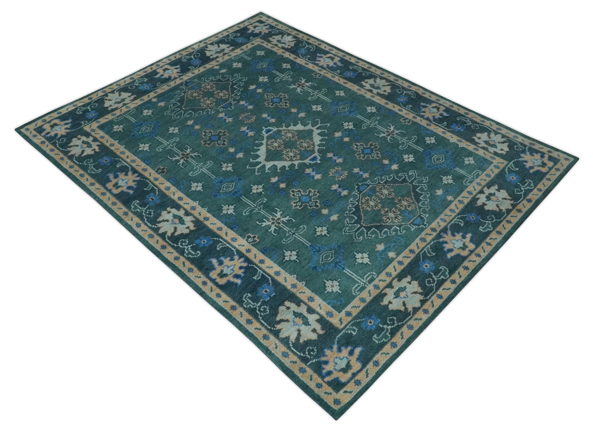 Custom Made Teal, Blue, Peach and Silver Hand Knotted Traditional Heriz wool Area Rug - The Rug Decor