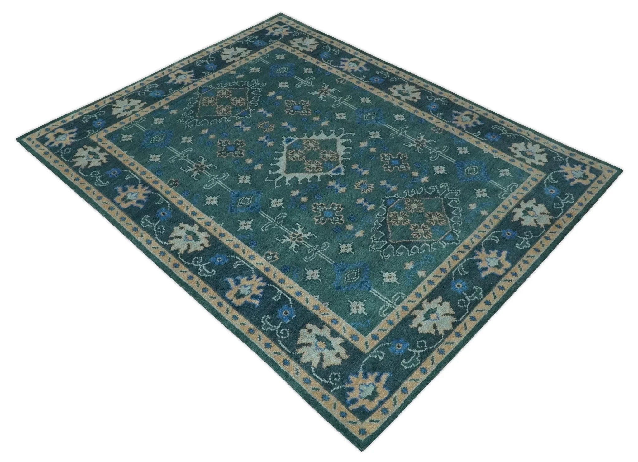 Custom Made Teal, Blue, Peach and Silver Hand Knotted Traditional Heriz wool Area Rug - The Rug Decor