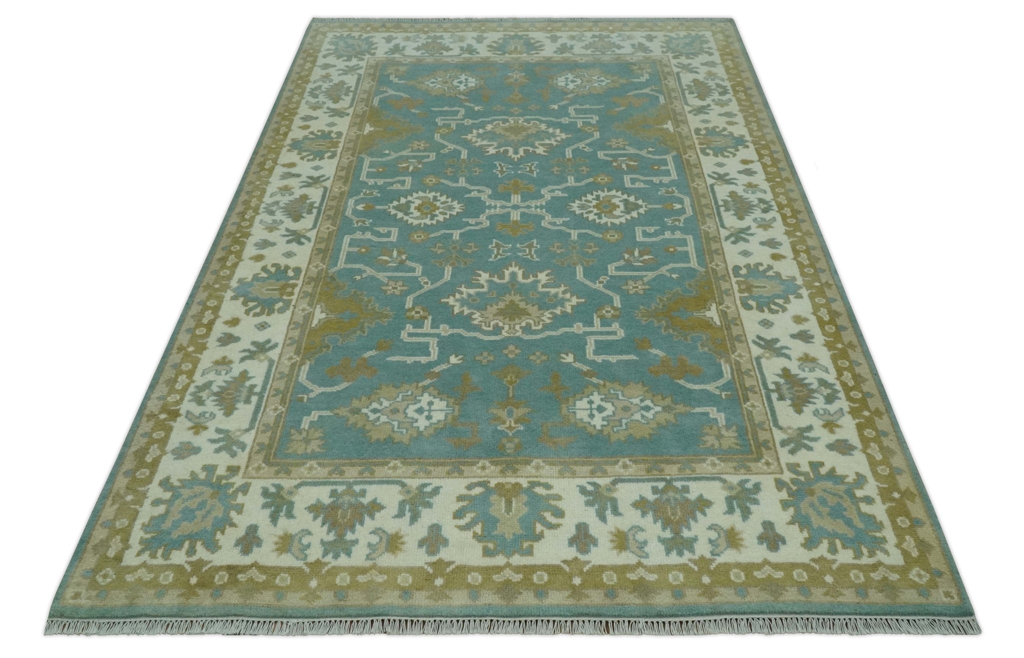 Custom Made Teal, Ivory and Olive Hand Knotted Traditional Oriental Oushak wool rug - The Rug Decor