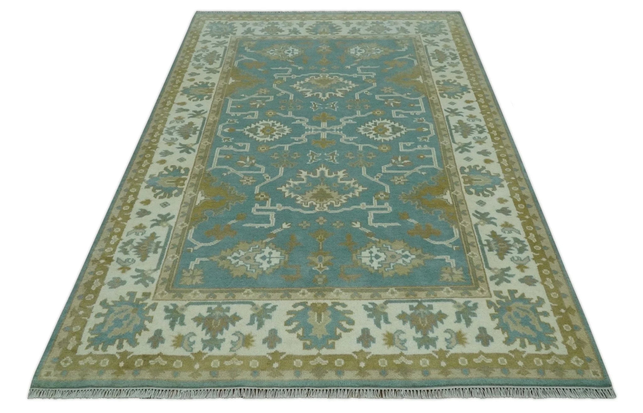 Custom Made Teal, Ivory and Olive Hand Knotted Traditional Oriental Oushak wool rug - The Rug Decor