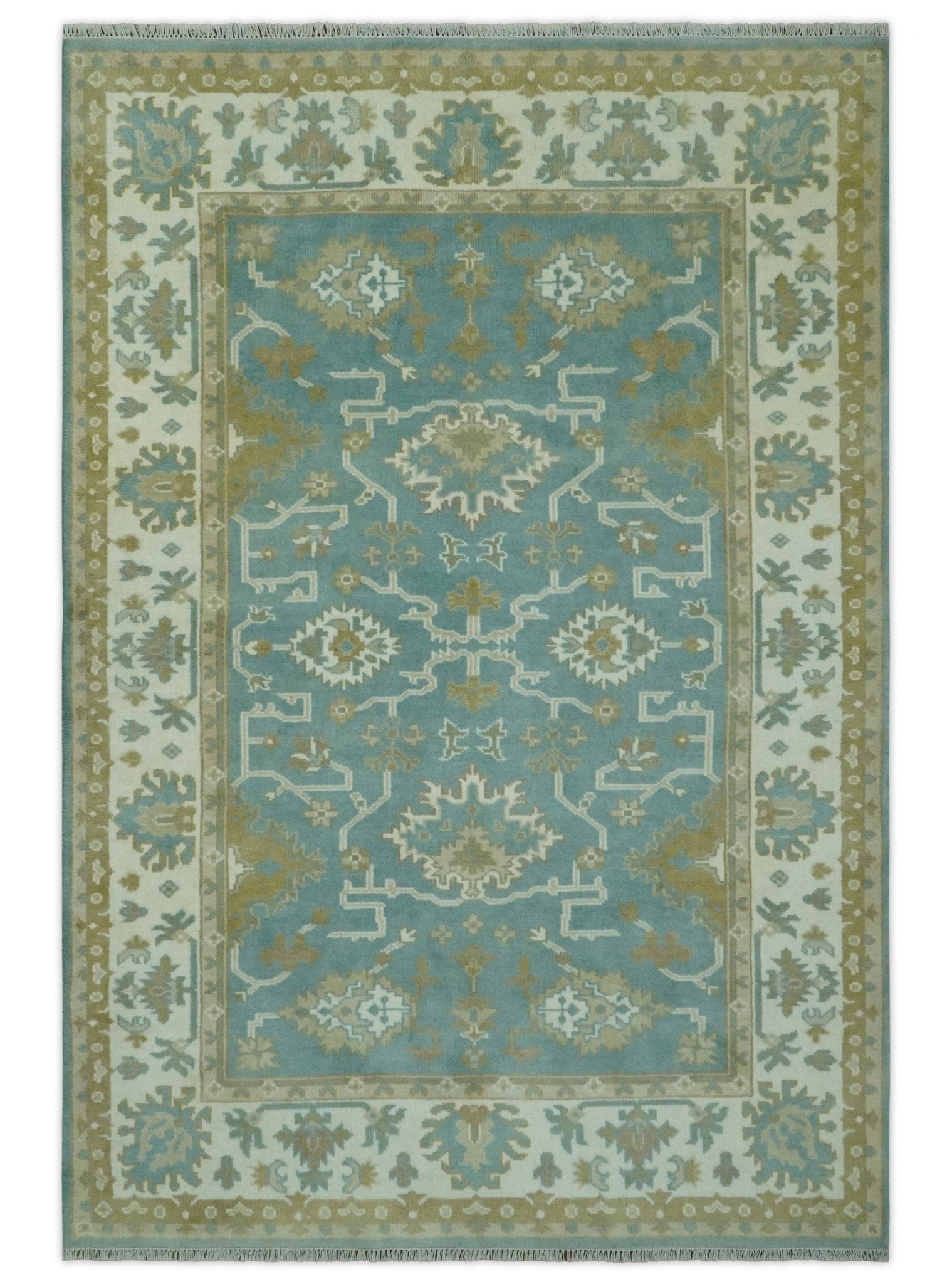 Custom Made Teal, Ivory and Olive Hand Knotted Traditional Oriental Oushak wool rug - The Rug Decor