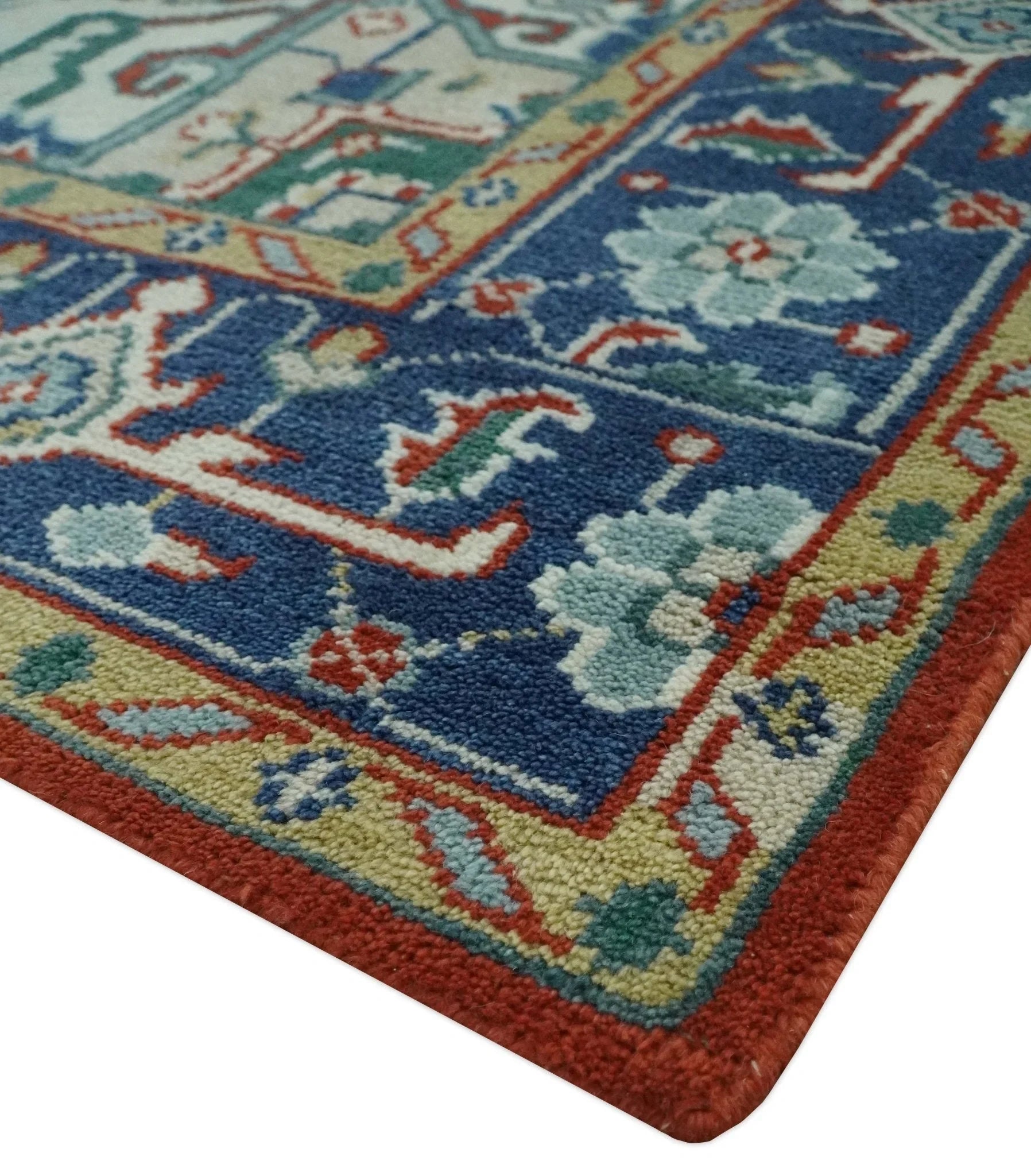 Custom Made Traditional Brown, Ivory and Blue Heriz Medallion Wool Area Rug - The Rug Decor