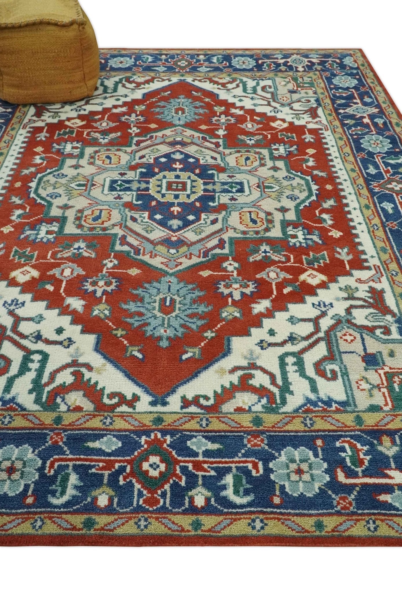 Custom Made Traditional Brown, Ivory and Blue Heriz Medallion Wool Area Rug - The Rug Decor