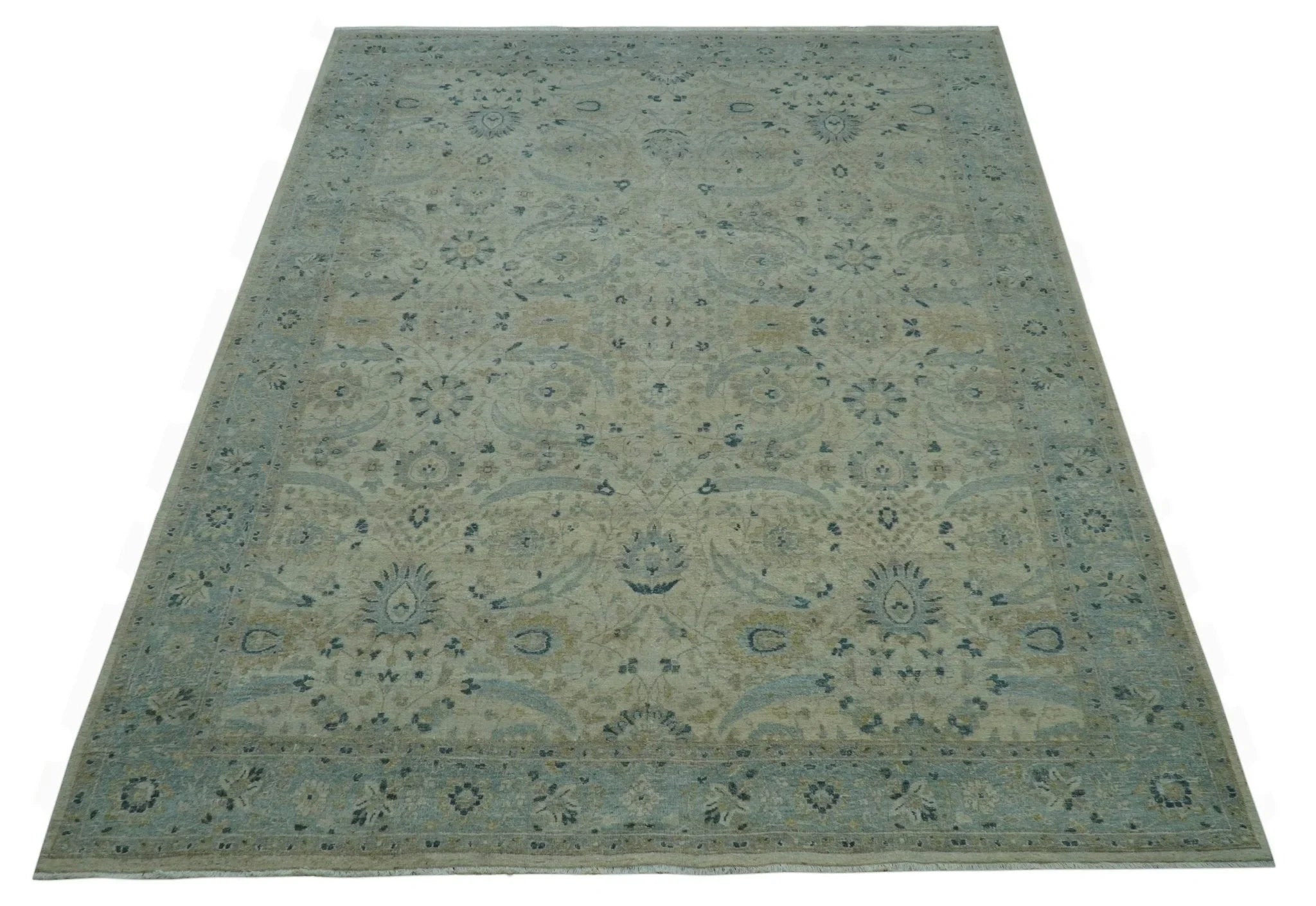 Custom Made Traditional Distressed Blue And Beige Hand Knotted wool area rug - The Rug Decor