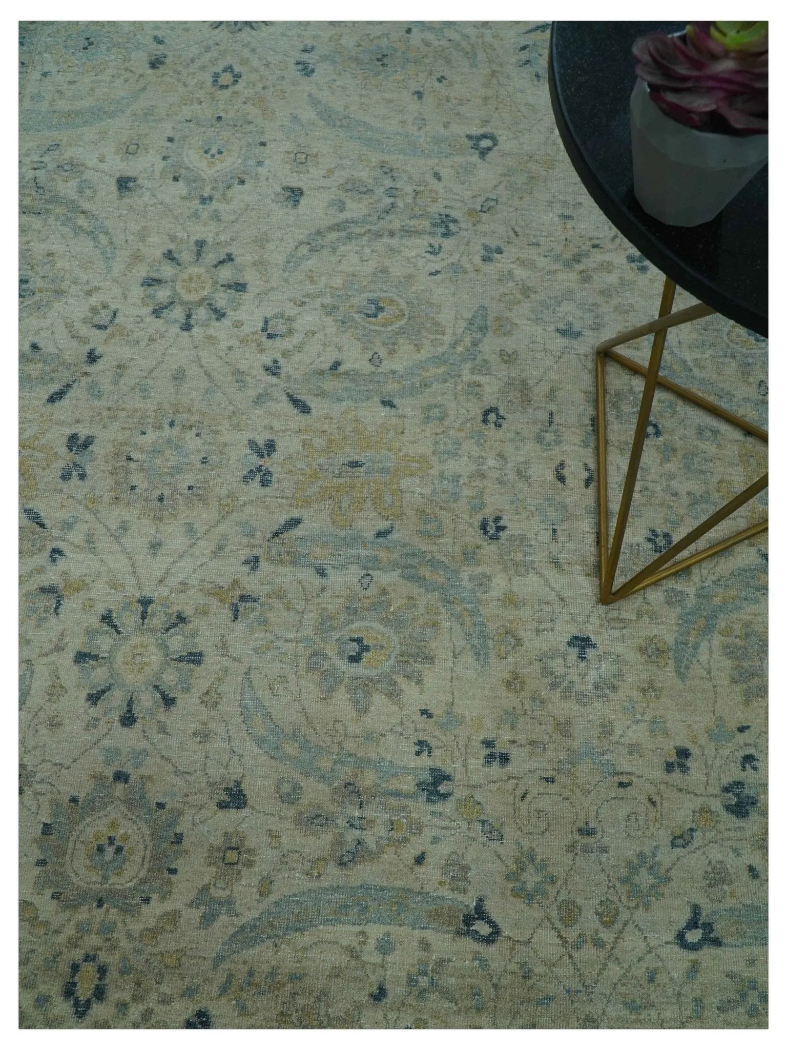 Custom Made Traditional Distressed Blue And Beige Hand Knotted wool area rug - The Rug Decor