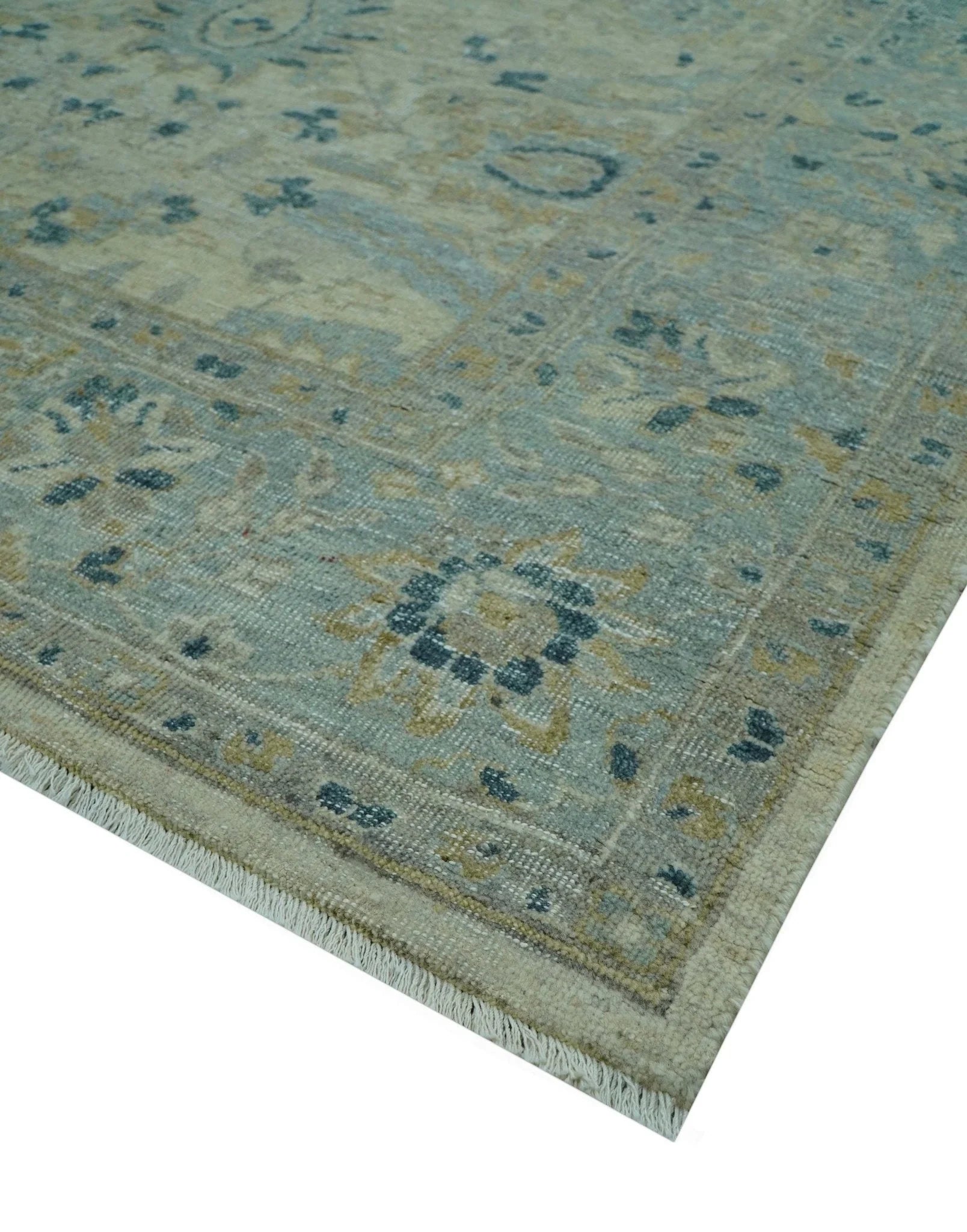 Custom Made Traditional Distressed Blue And Beige Hand Knotted wool area rug - The Rug Decor