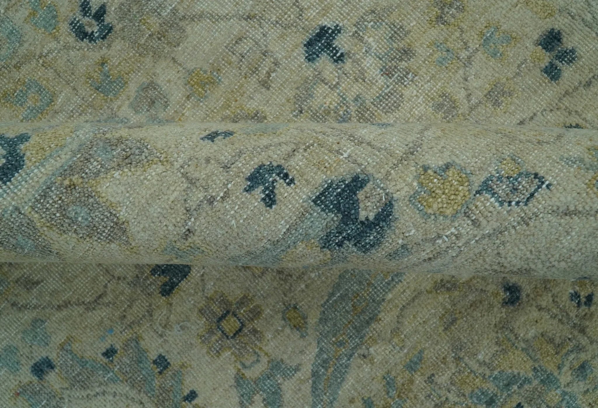 Custom Made Traditional Distressed Blue And Beige Hand Knotted wool area rug - The Rug Decor