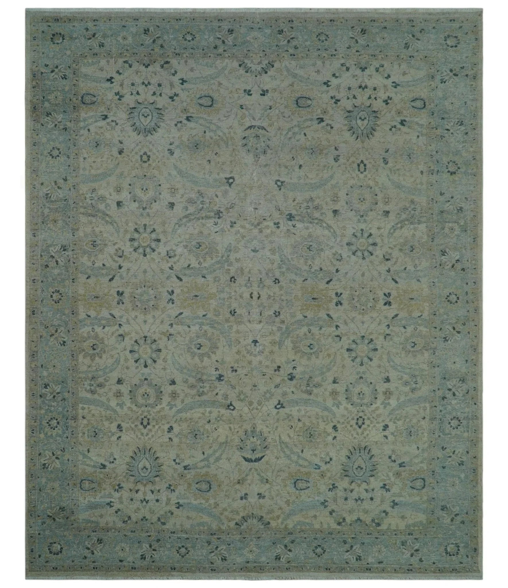Custom Made Traditional Distressed Blue And Beige Hand Knotted wool area rug - The Rug Decor