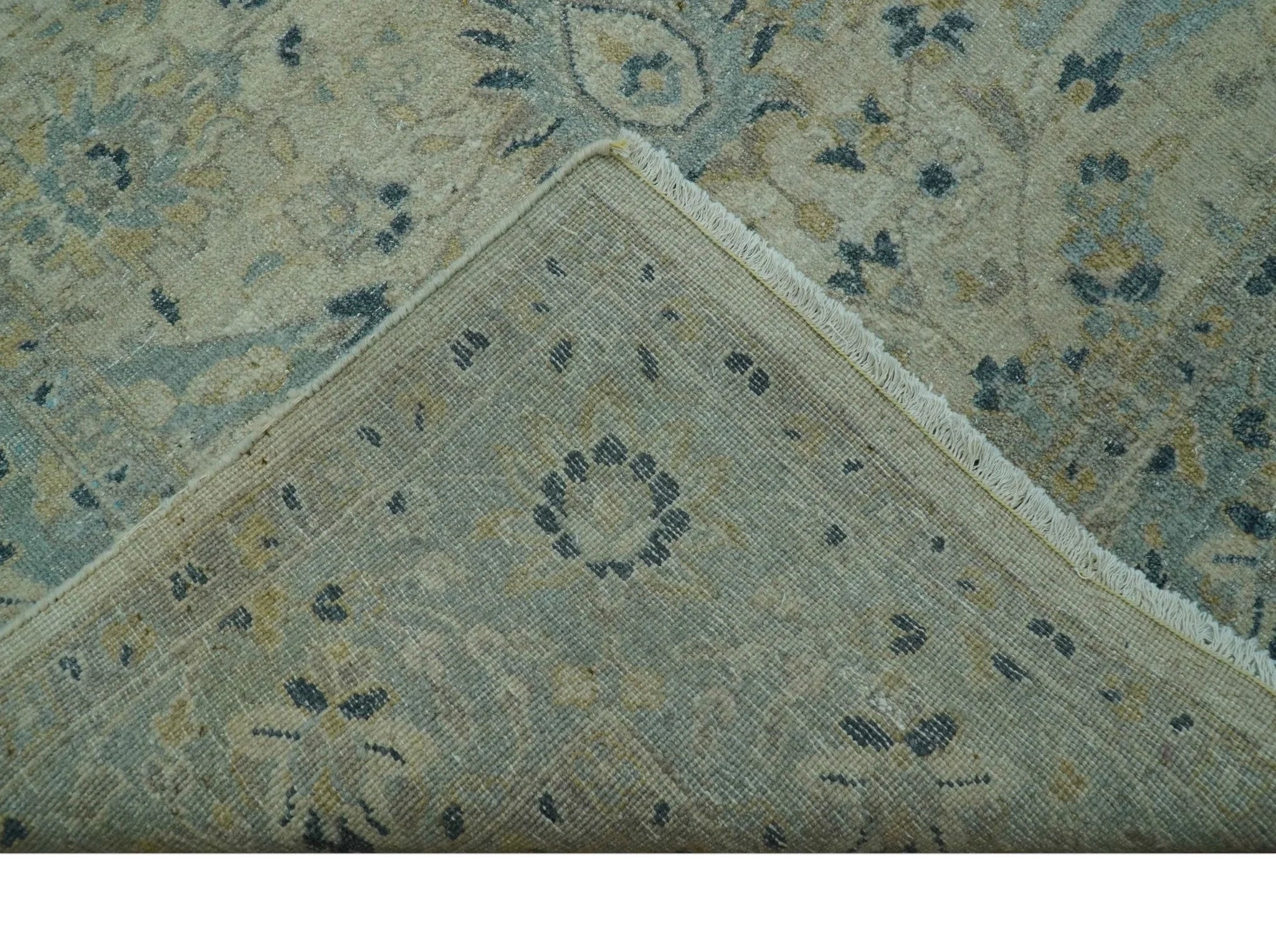 Custom Made Traditional Distressed Blue And Beige Hand Knotted wool area rug - The Rug Decor