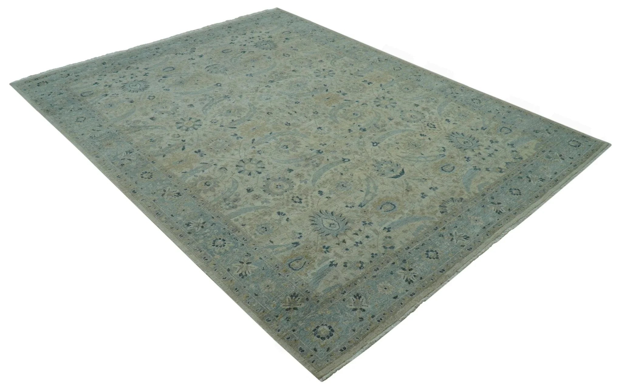 Custom Made Traditional Distressed Blue And Beige Hand Knotted wool area rug - The Rug Decor