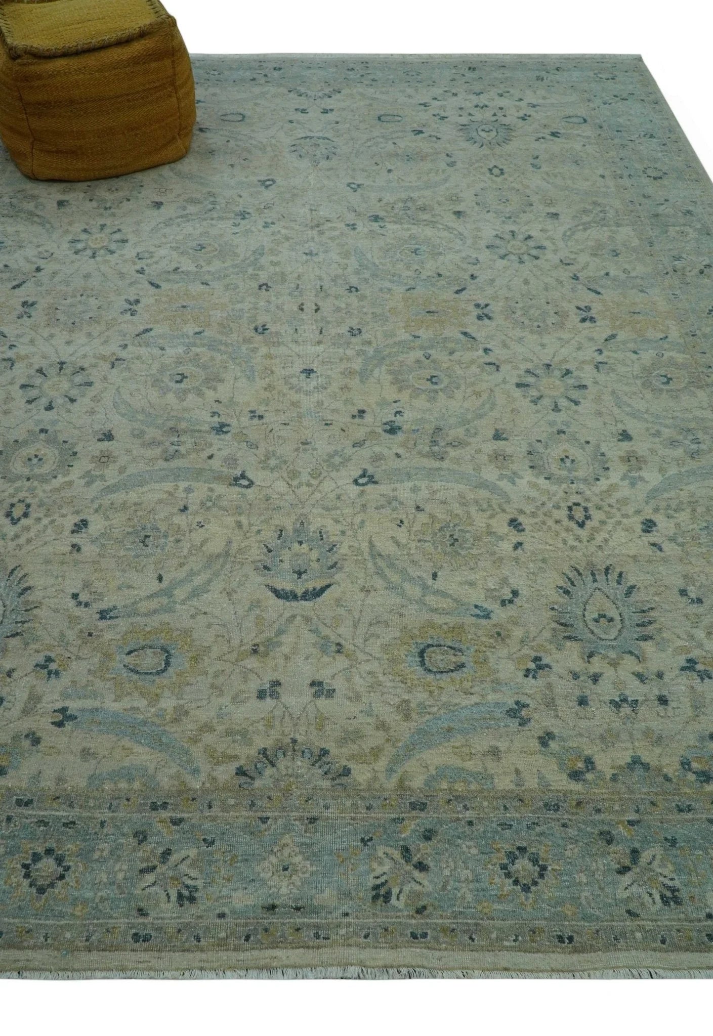 Custom Made Traditional Distressed Blue And Beige Hand Knotted wool area rug - The Rug Decor