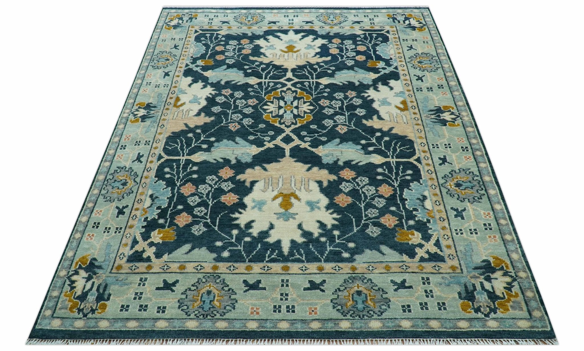 Custom Made Traditional Donegal Design Blue Hand Knotted wool area rug