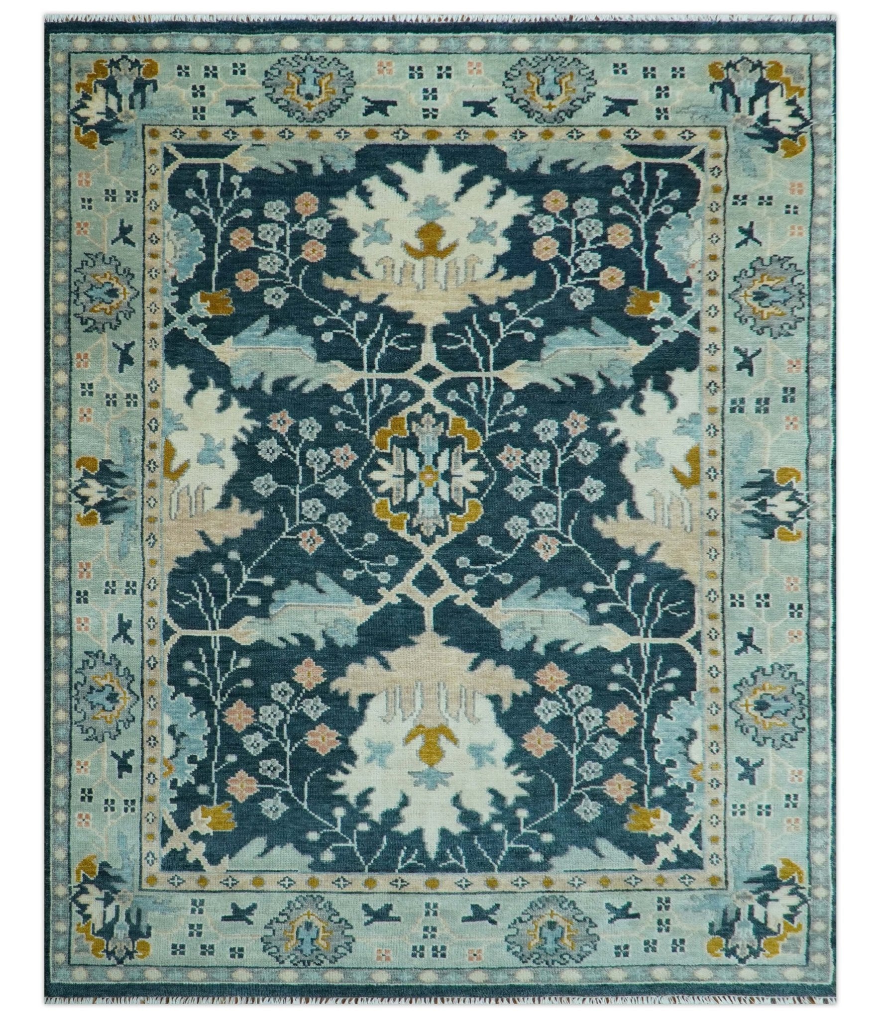 Custom Made Traditional Donegal Design Blue Hand Knotted wool area rug