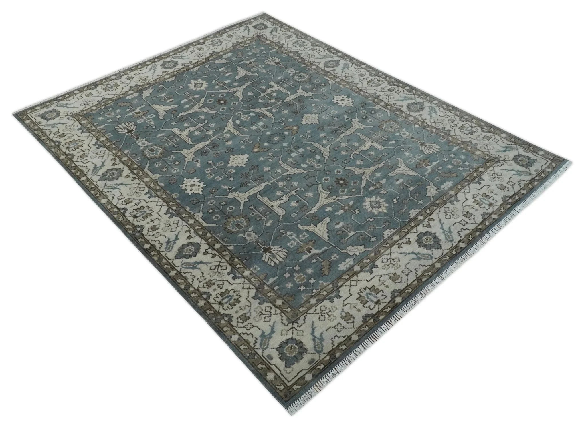 Custom Made Traditional Hand Knotted Blue, Ivory and Brown Oriental Oushak wool Area Rug - The Rug Decor
